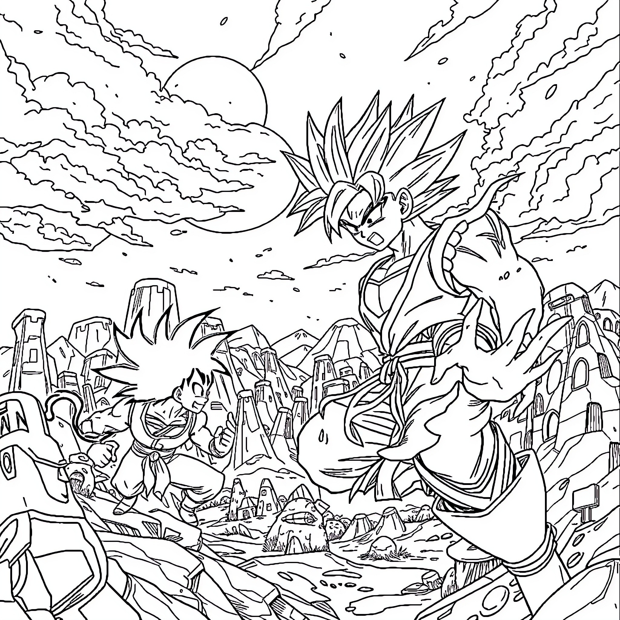 Dragon Ball Z: Warrior's Fierce Battle in the Rugged Landscape Coloring Page (free black-and-white line drawing printable PDF for all, from beginners to advanced learners, including children, teens, adults, and seniors)