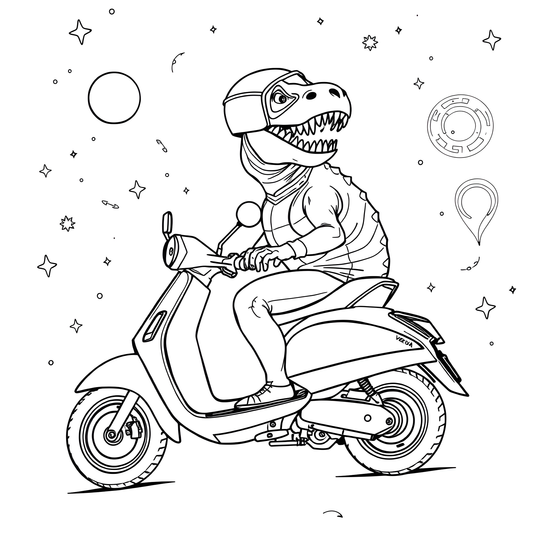 T-Rex riding a scooter in space Coloring Page (free black-and-white line drawing printable PDF for all, from beginners to advanced learners, including children, teens, adults, and seniors)