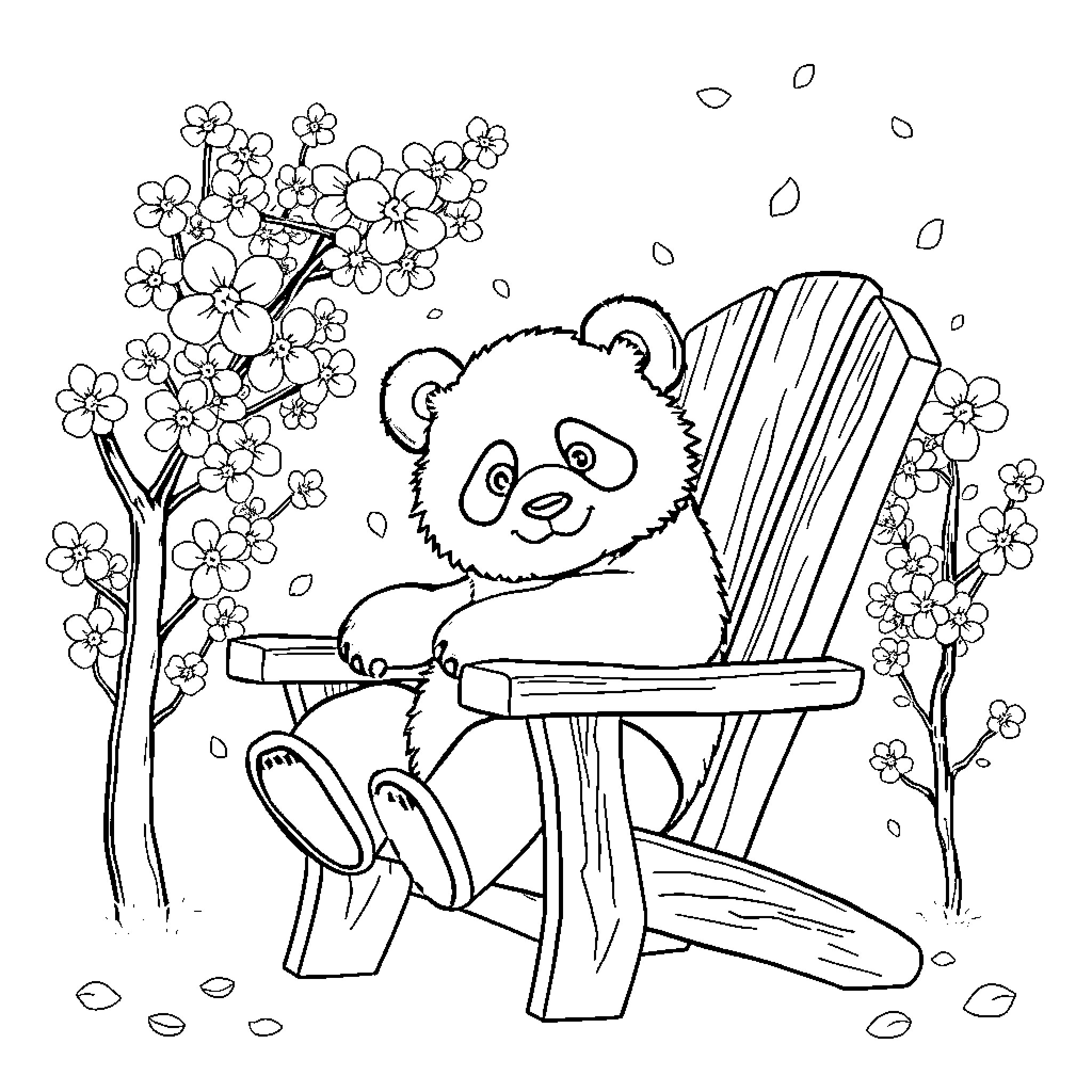 Panda relaxing in garden chair surrounded by flowers Coloring Page (free black-and-white line drawing printable PDF for all, from beginners to advanced learners, including children, teens, adults, and seniors)