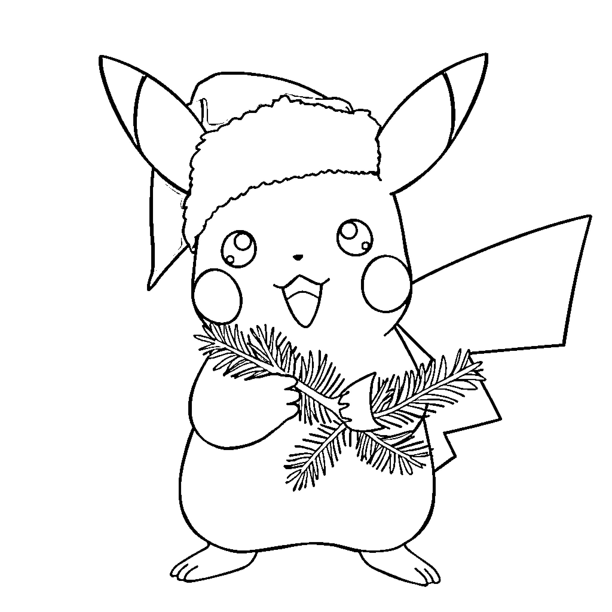 Pikachu wearing a Santa hat and holding a pine branch Coloring Page (free black-and-white line drawing printable PDF for all, from beginners to advanced learners, including children, teens, adults, and seniors)