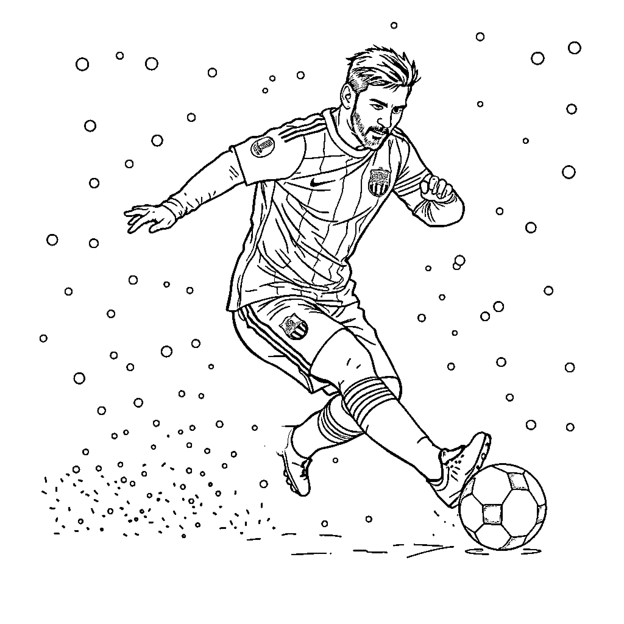Messi dribbling skillfully with soccer ball in snow Coloring Page (free black-and-white line drawing printable PDF for all, from beginners to advanced learners, including children, teens, adults, and seniors)
