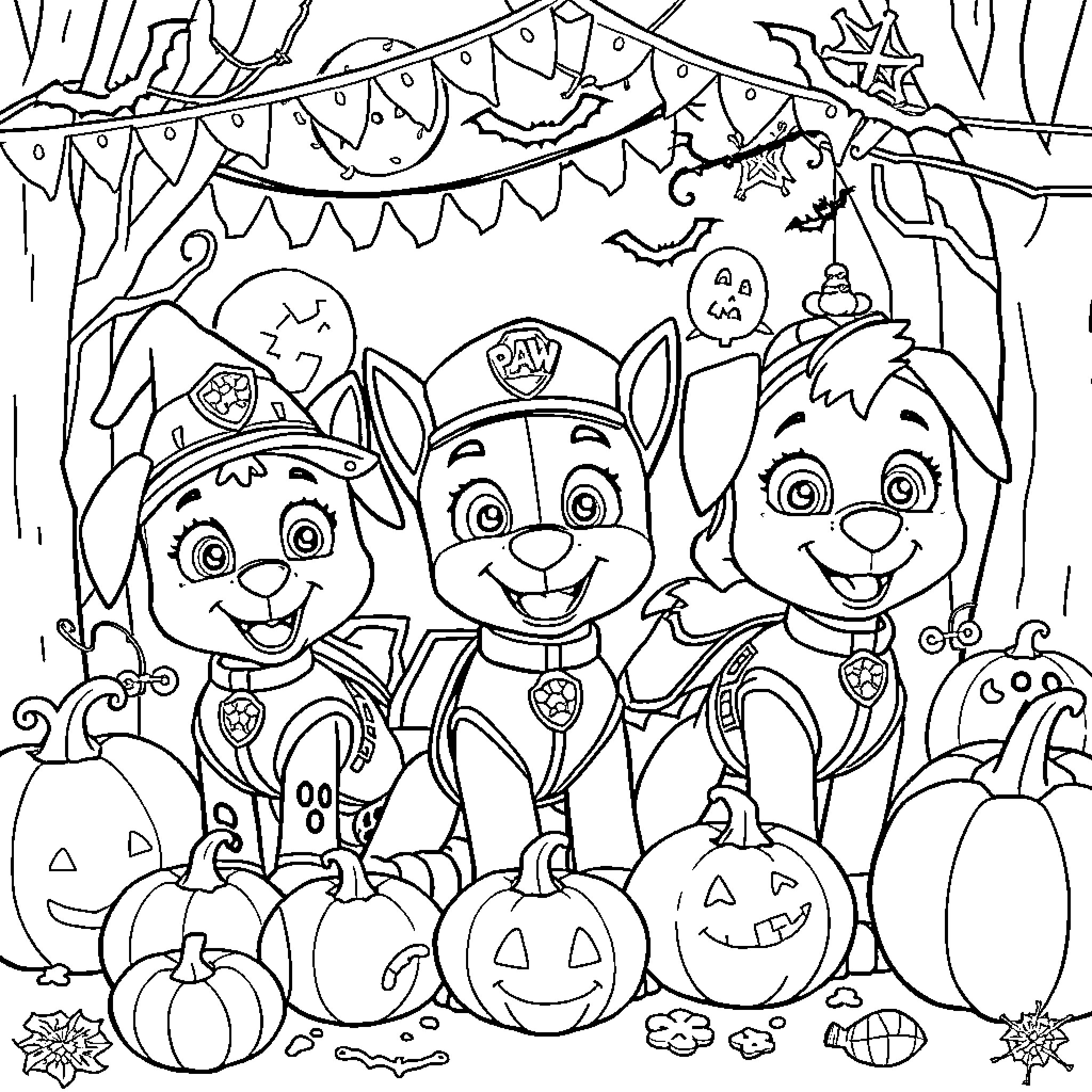 Paw Patrol characters celebrating Halloween with pumpkins and decorations Coloring Page (free black-and-white line drawing printable PDF for all, from beginners to advanced learners, including children, teens, adults, and seniors)