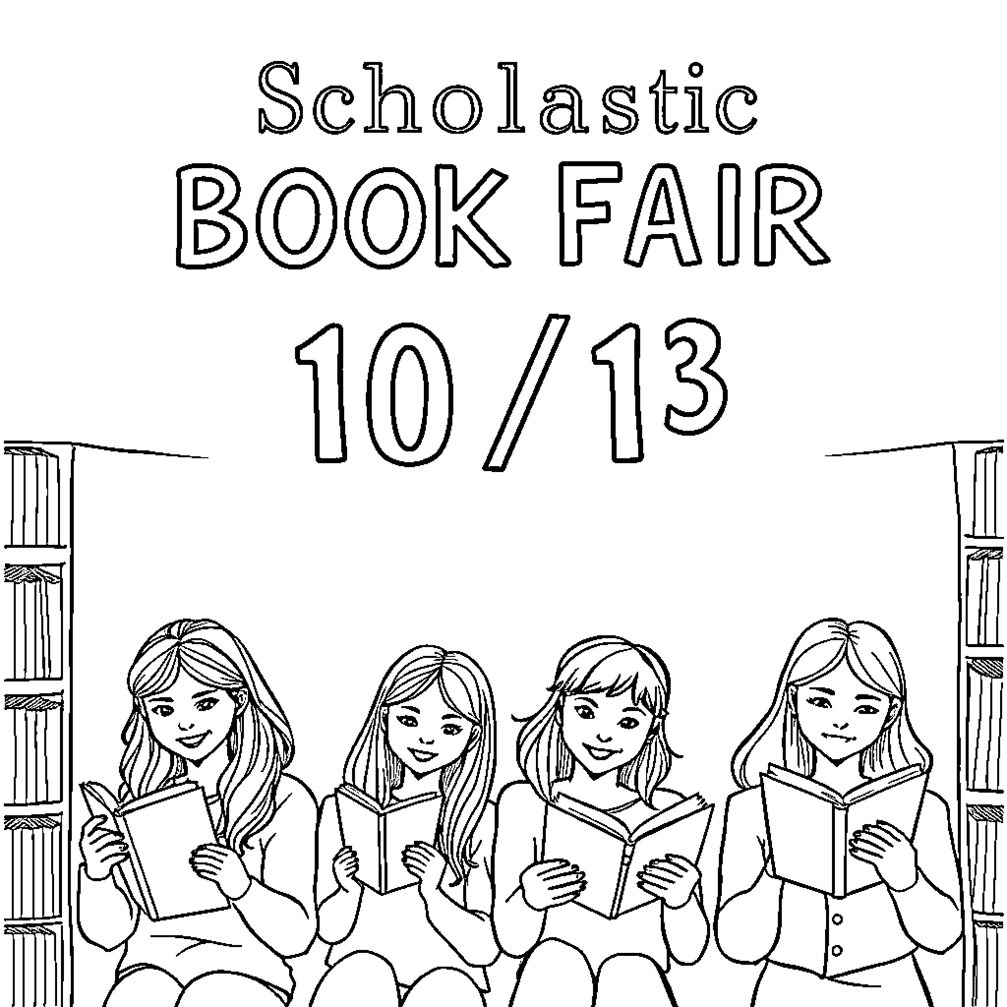 Book Fair Announcement with Students Reading Coloring Page (free black-and-white line drawing printable PDF for all, from beginners to advanced learners, including children, teens, adults, and seniors)