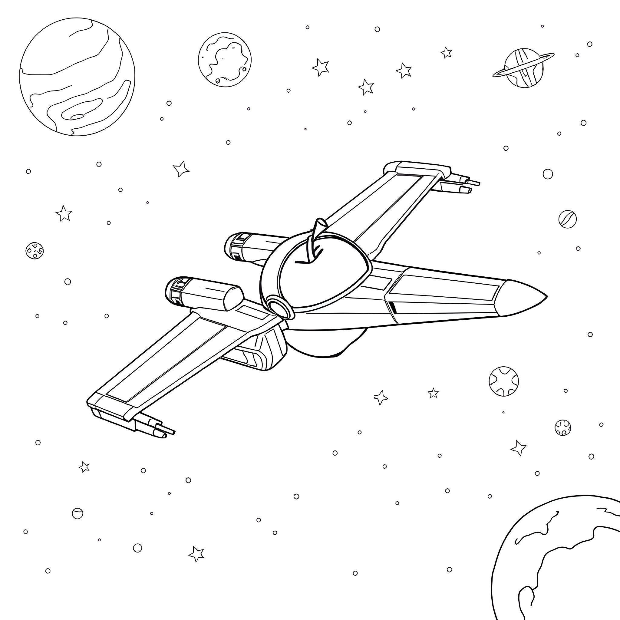 X-Wing Fighter soaring through the stars Coloring Page (free black-and-white line drawing printable PDF for all, from beginners to advanced learners, including children, teens, adults, and seniors)