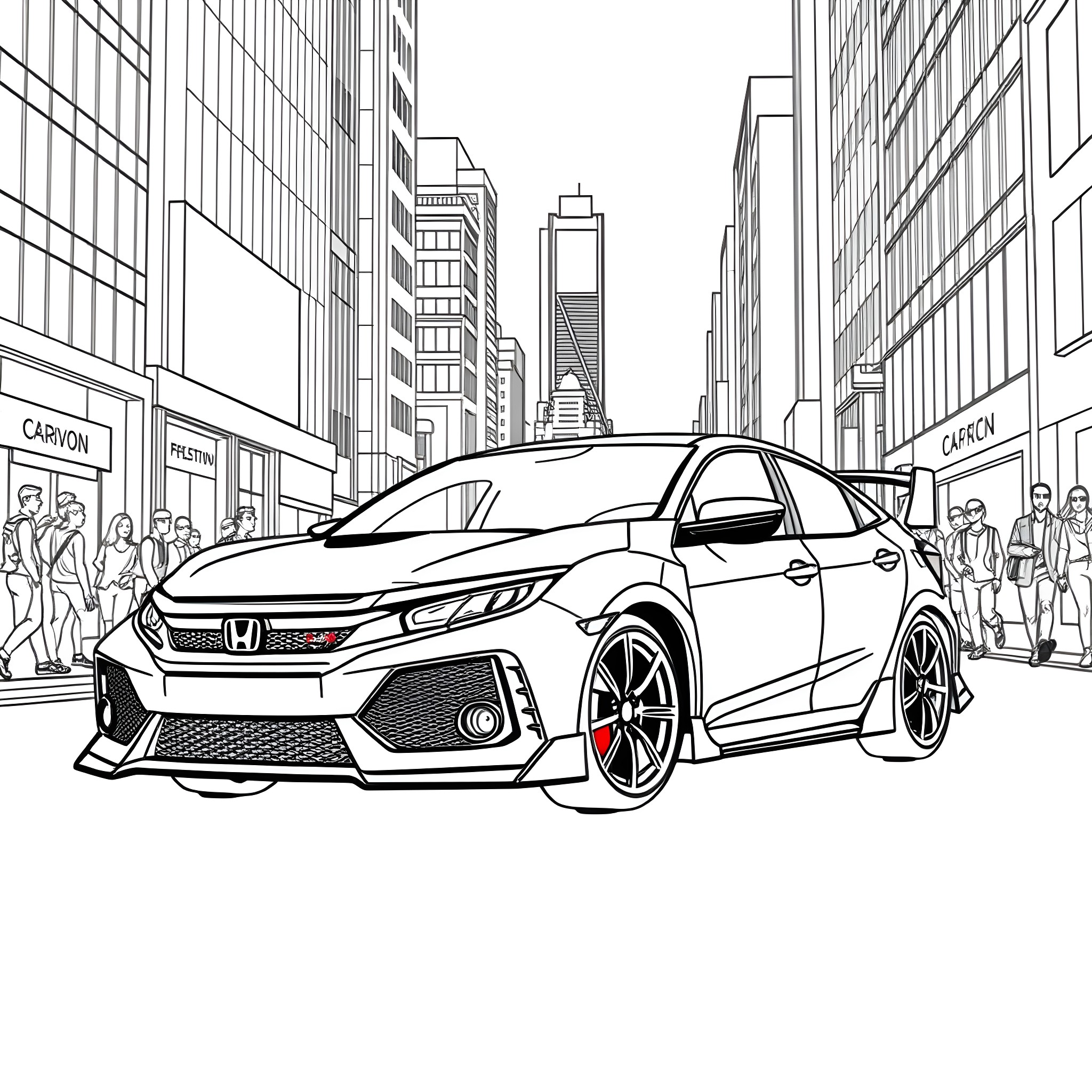 Civic car in bustling city street Coloring Page (free black-and-white line drawing printable PDF for all, from beginners to advanced learners, including children, teens, adults, and seniors)