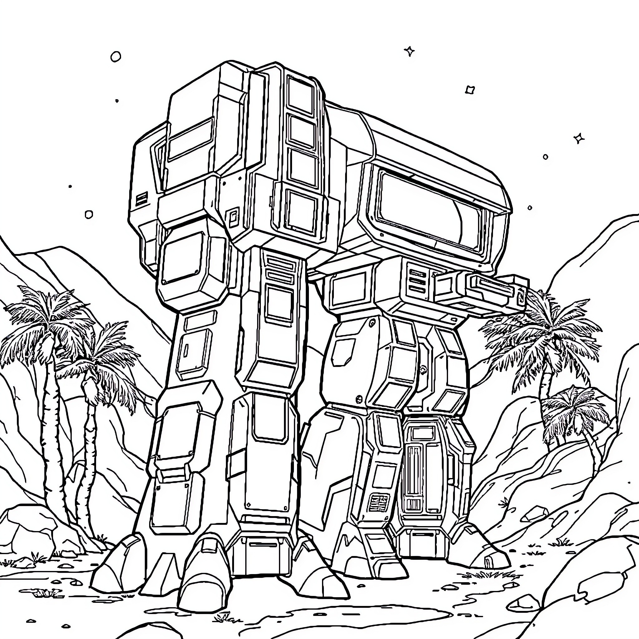 Future Trunks' Mech Battle Suit in Alien Landscape Coloring Page (free black-and-white line drawing printable PDF for all, from beginners to advanced learners, including children, teens, adults, and seniors)