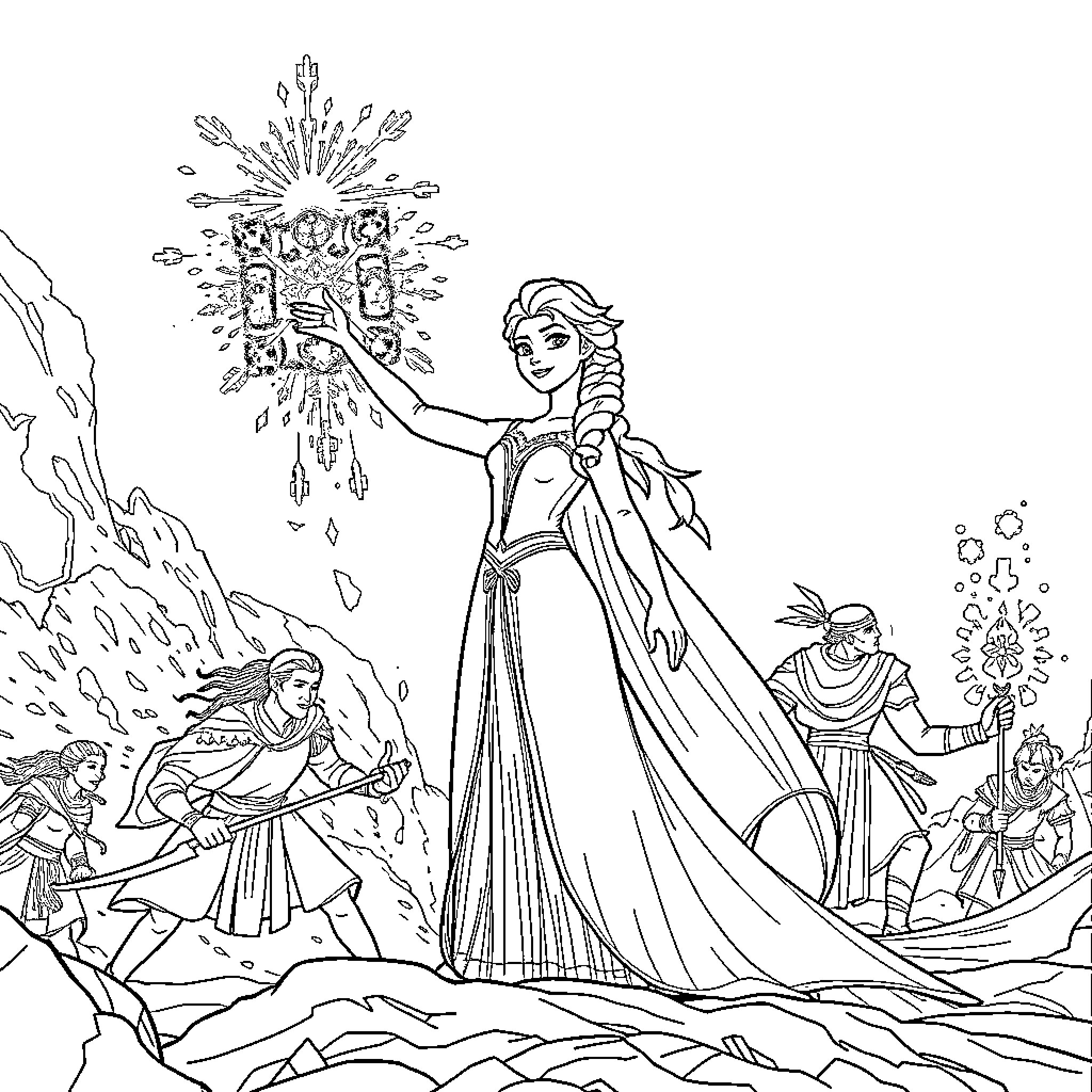 Elsa's Icy Enchantment: A Magical Winter Celebration Coloring Page (free black-and-white line drawing printable PDF for all, from beginners to advanced learners, including children, teens, adults, and seniors)