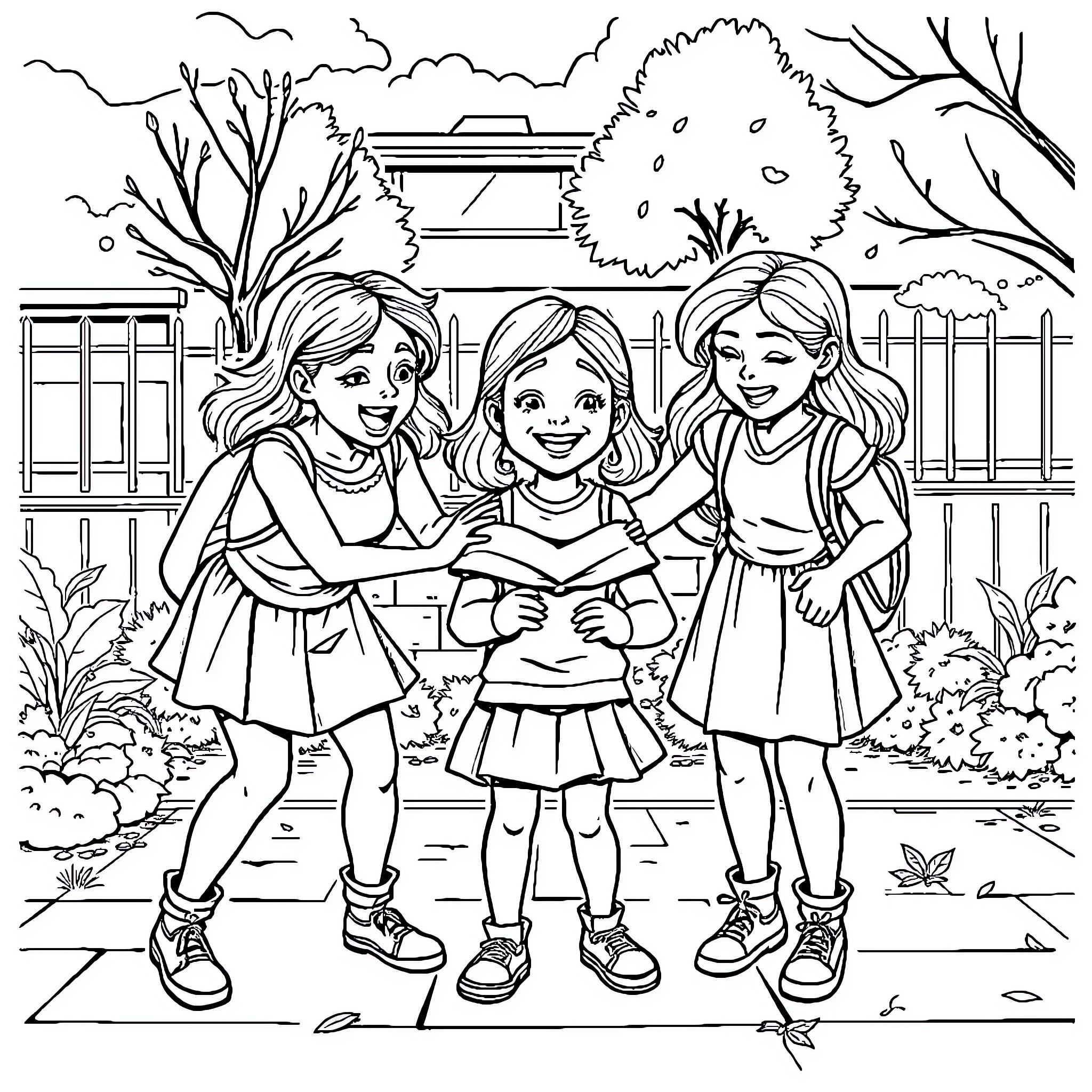 Girls enjoying outdoor playtime together Coloring Page (free black-and-white line drawing printable PDF for all, from beginners to advanced learners, including children, teens, adults, and seniors)