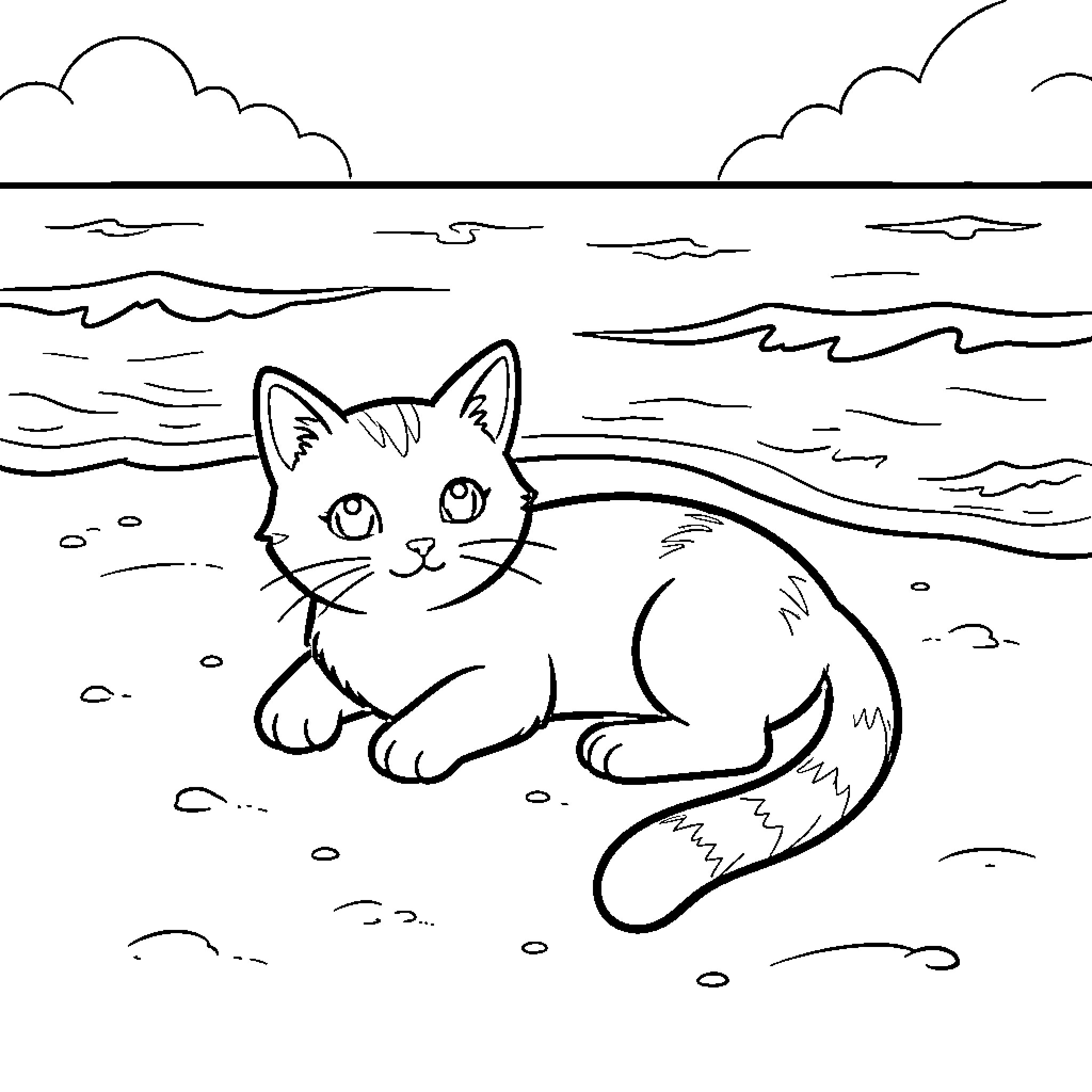 Cat on the beach Coloring Page (free black-and-white line drawing printable PDF for all, from beginners to advanced learners, including children, teens, adults, and seniors)