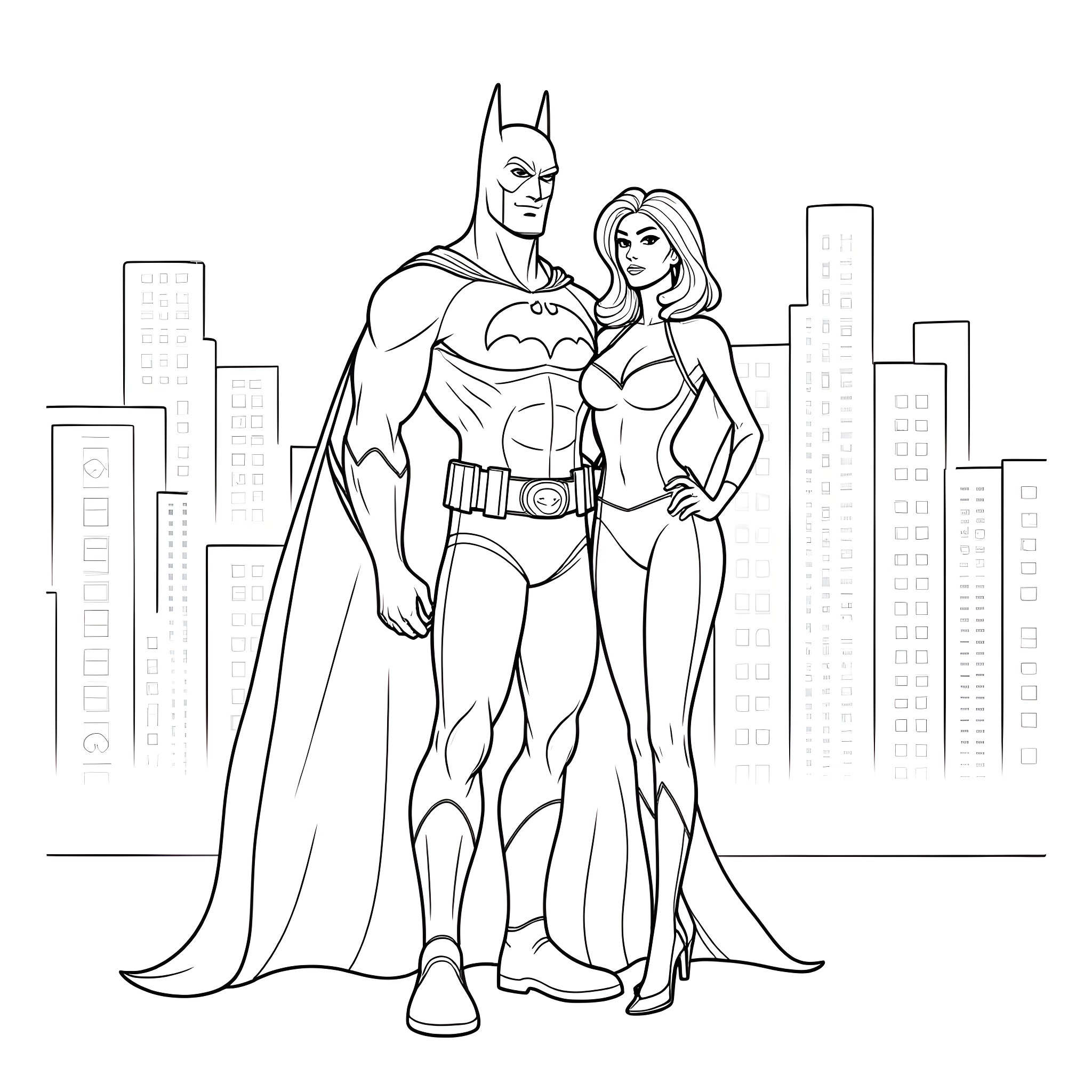 Batman and female superhero standing together in the city Coloring Page (free black-and-white line drawing printable PDF for all, from beginners to advanced learners, including children, teens, adults, and seniors)