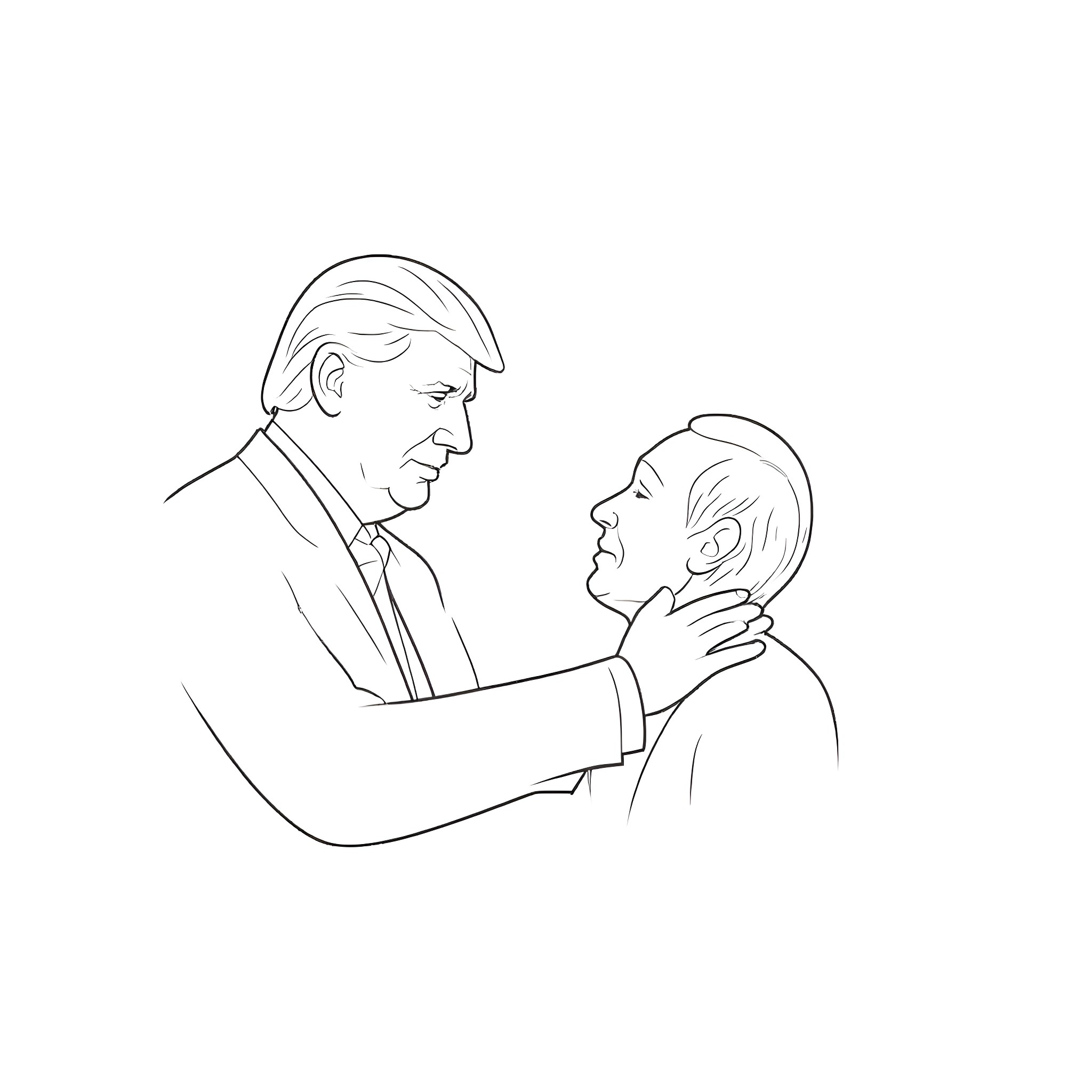 Donald Trump comforts young child Coloring Page (free black-and-white line drawing printable PDF for all, from beginners to advanced learners, including children, teens, adults, and seniors)