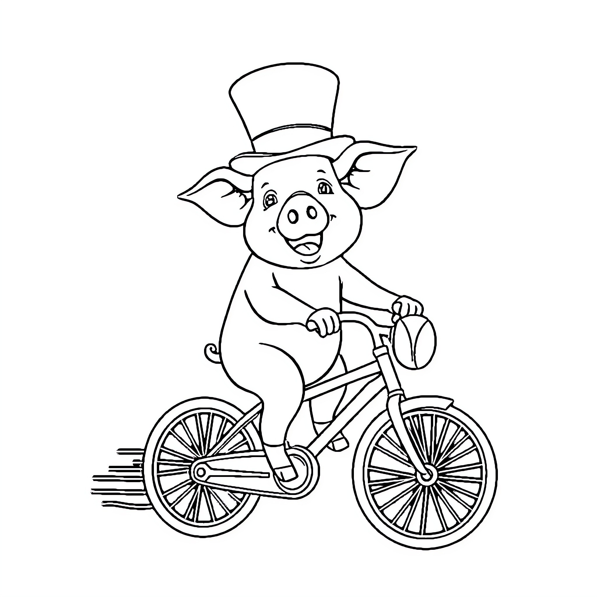 Pig riding a bicycle happily Coloring Page (free black-and-white line drawing printable PDF for all, from beginners to advanced learners, including children, teens, adults, and seniors)