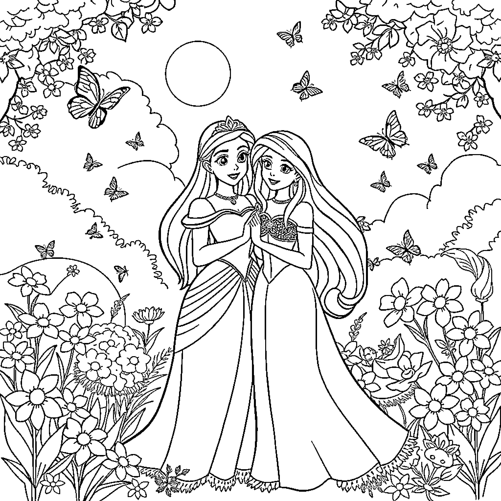 Princess Sisters Enjoying Floral Nature Coloring Page (free black-and-white line drawing printable PDF for all, from beginners to advanced learners, including children, teens, adults, and seniors)