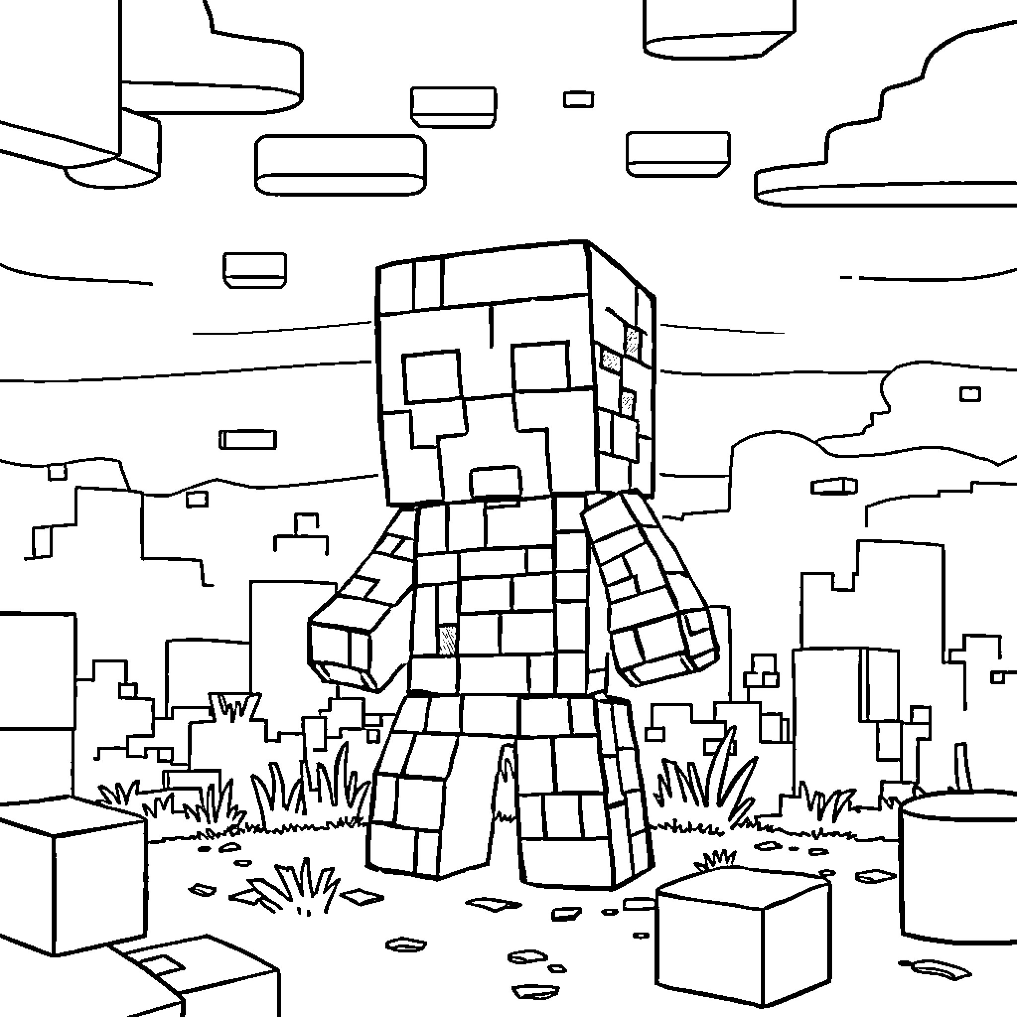 Creeper exploring a blocky, geometric landscape Coloring Page (free black-and-white line drawing printable PDF for all, from beginners to advanced learners, including children, teens, adults, and seniors)