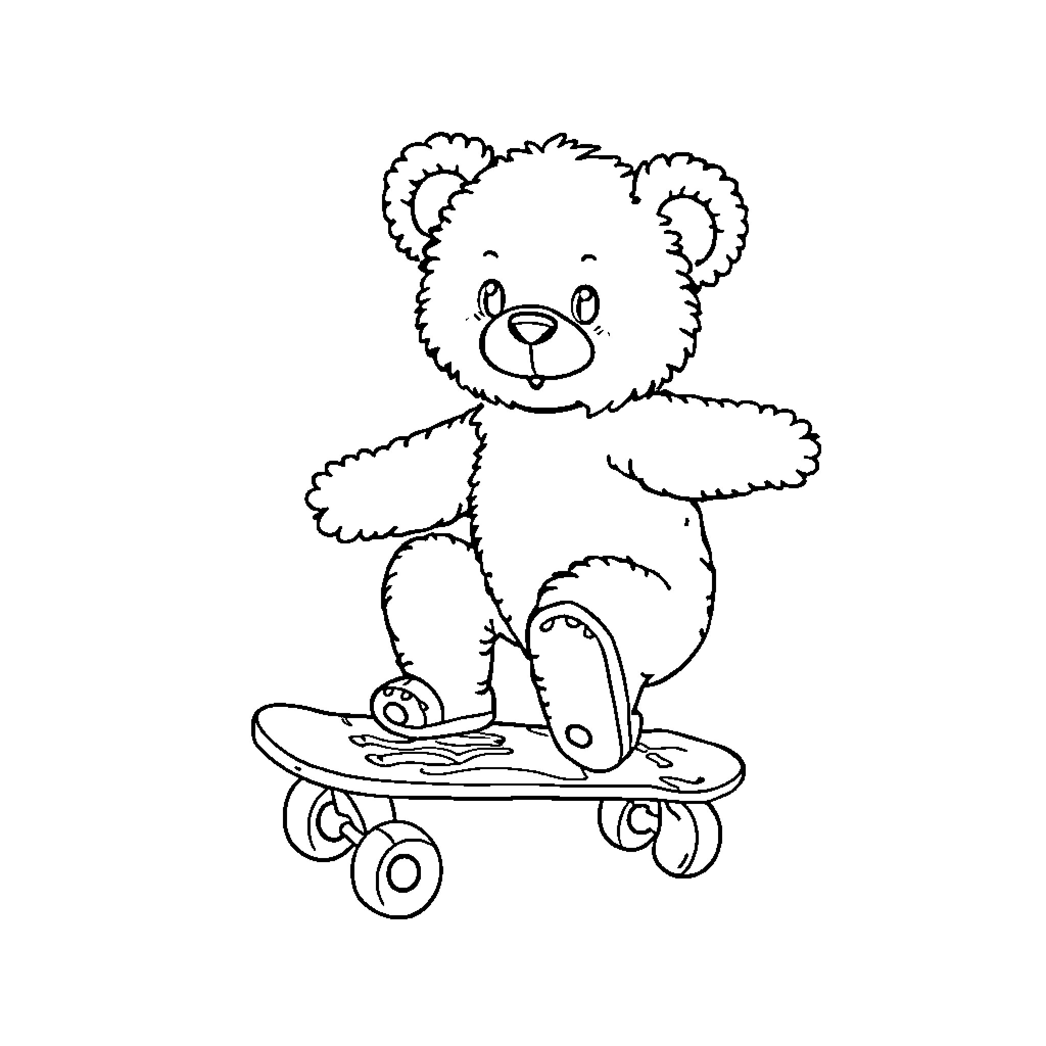 Teddy Bear riding a skateboard Coloring Page (free black-and-white line drawing printable PDF for all, from beginners to advanced learners, including children, teens, adults, and seniors)