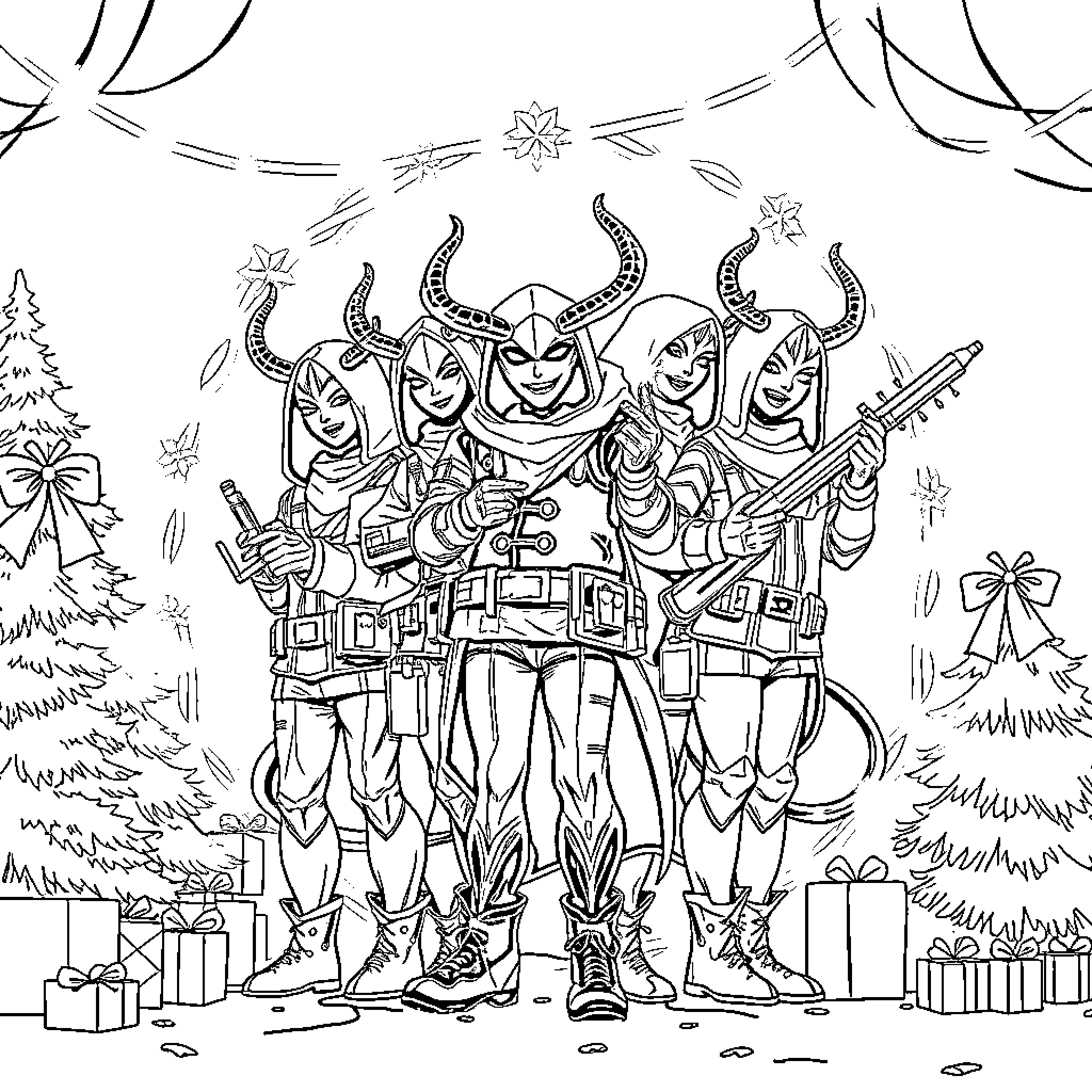 Kpop Demon Hunters in Battle Gear Prepare for Action Coloring Page (free black-and-white line drawing printable PDF for all, from beginners to advanced learners, including children, teens, adults, and seniors)