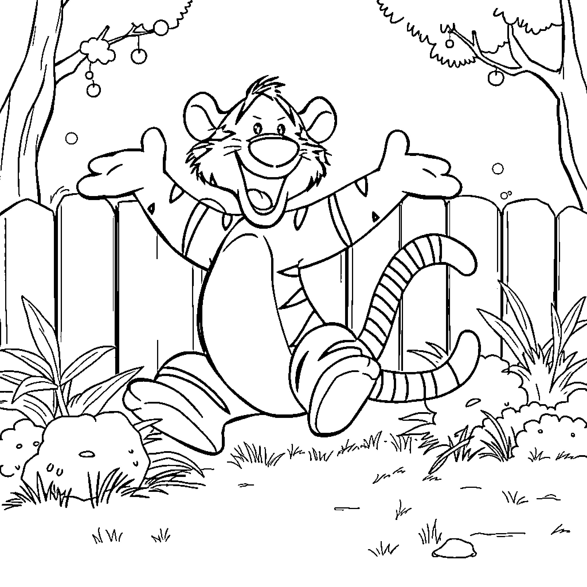 Tigger gleefully bouncing through the forest Coloring Page (free black-and-white line drawing printable PDF for all, from beginners to advanced learners, including children, teens, adults, and seniors)