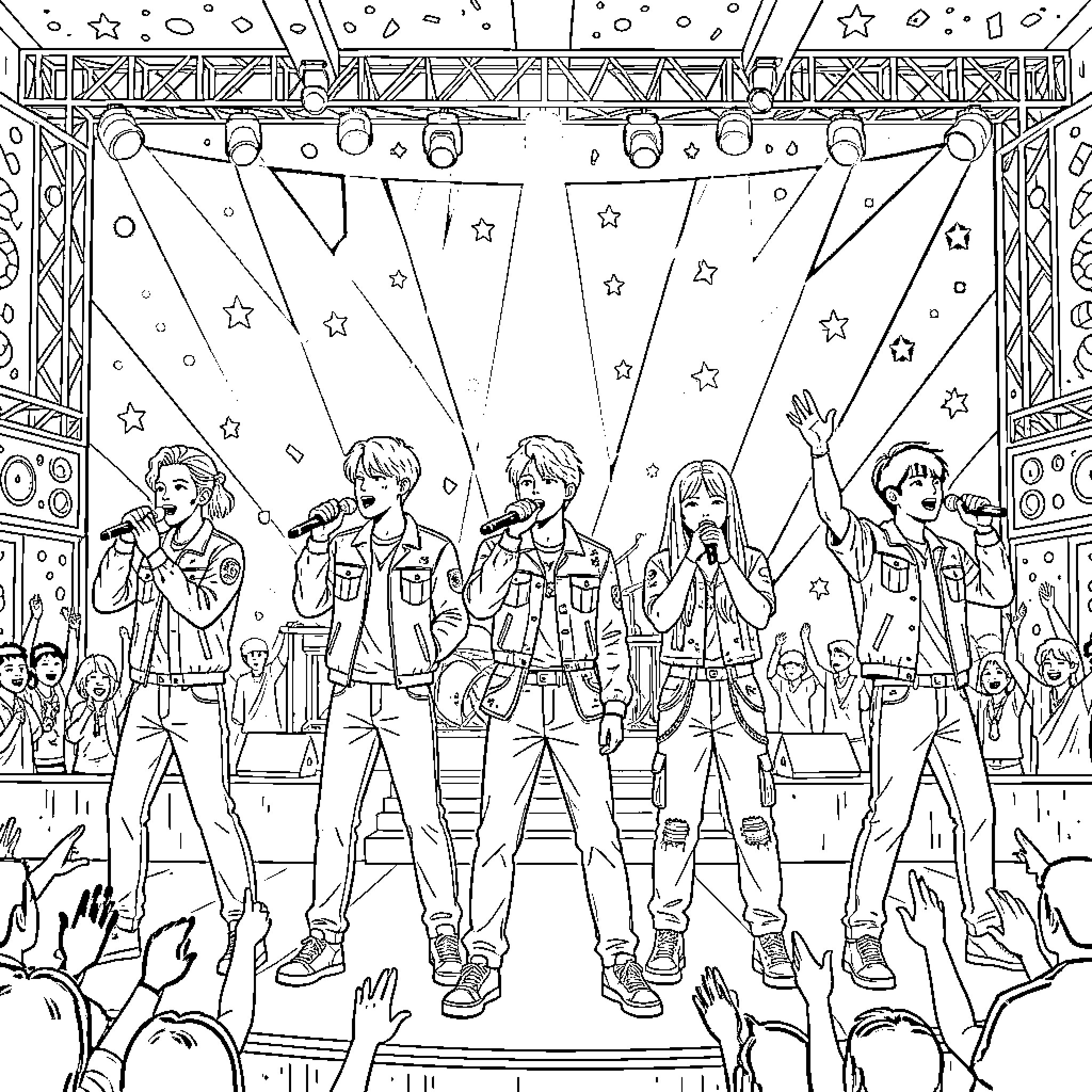 K-Pop Singer Performing Energetically on Stage Coloring Page (free black-and-white line drawing printable PDF for all, from beginners to advanced learners, including children, teens, adults, and seniors)