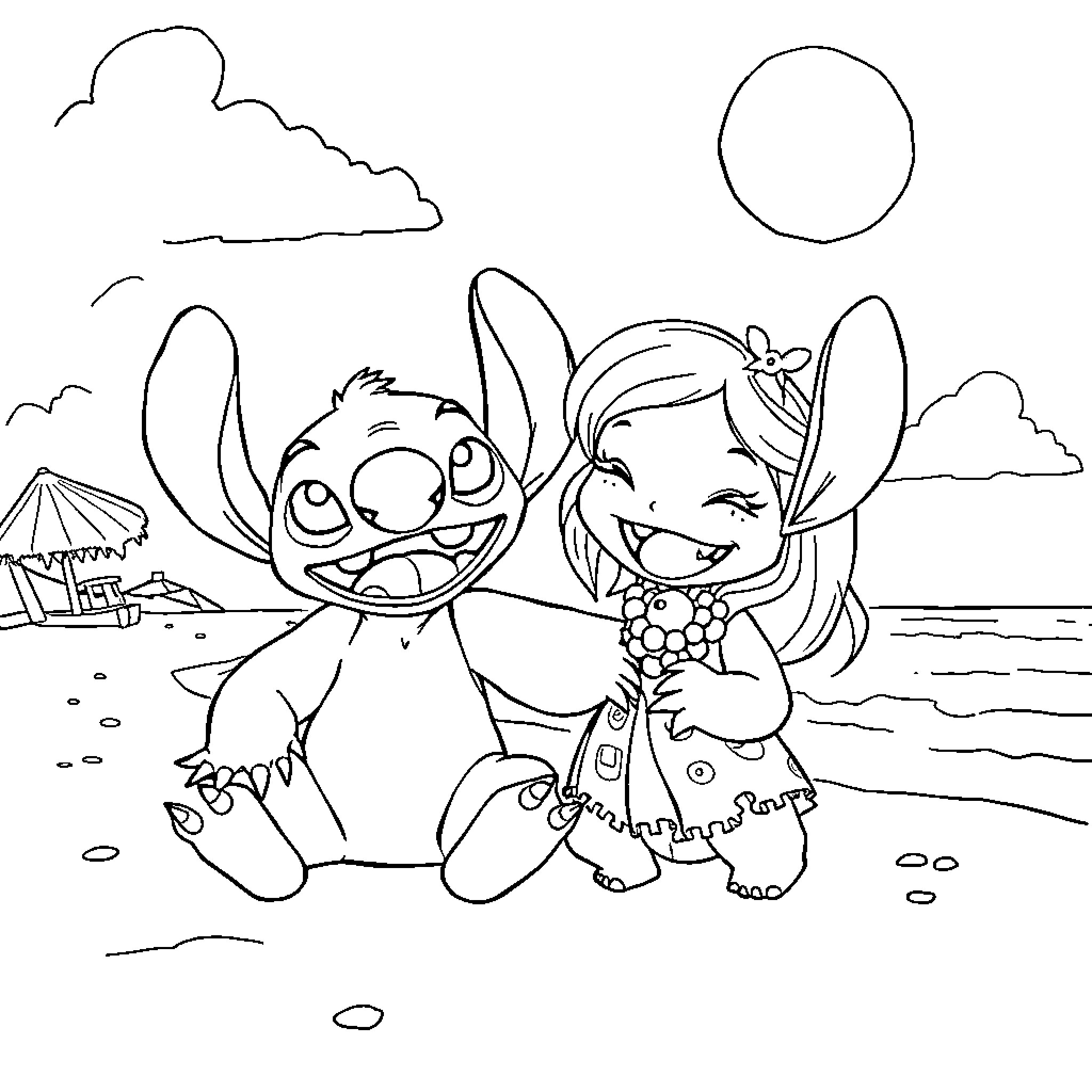 Lilo and Stitch playing happily on the beach Coloring Page (free black-and-white line drawing printable PDF for all, from beginners to advanced learners, including children, teens, adults, and seniors)