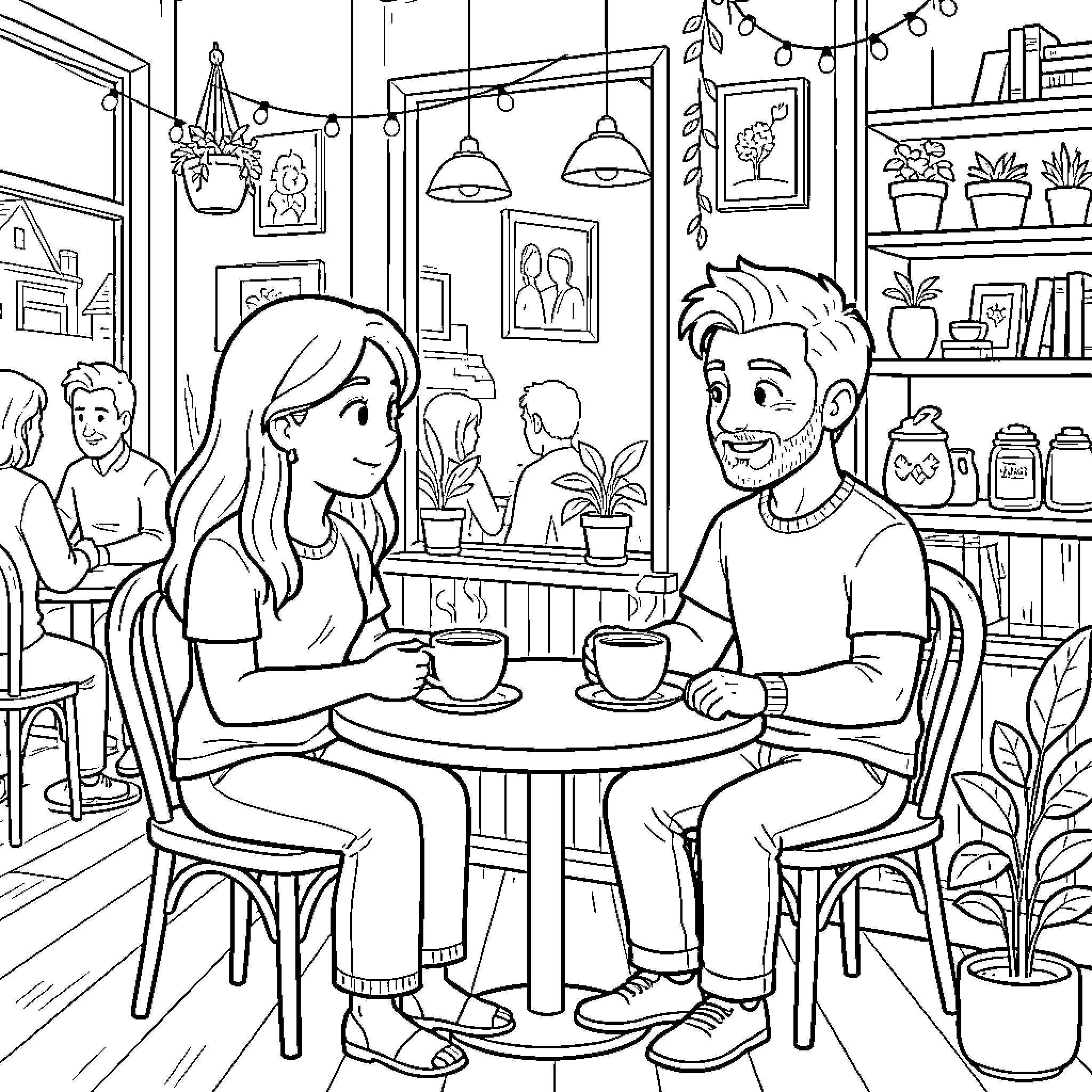 Monrra's Cozy Cafe Chat Coloring Page (free black-and-white line drawing printable PDF for all, from beginners to advanced learners, including children, teens, adults, and seniors)