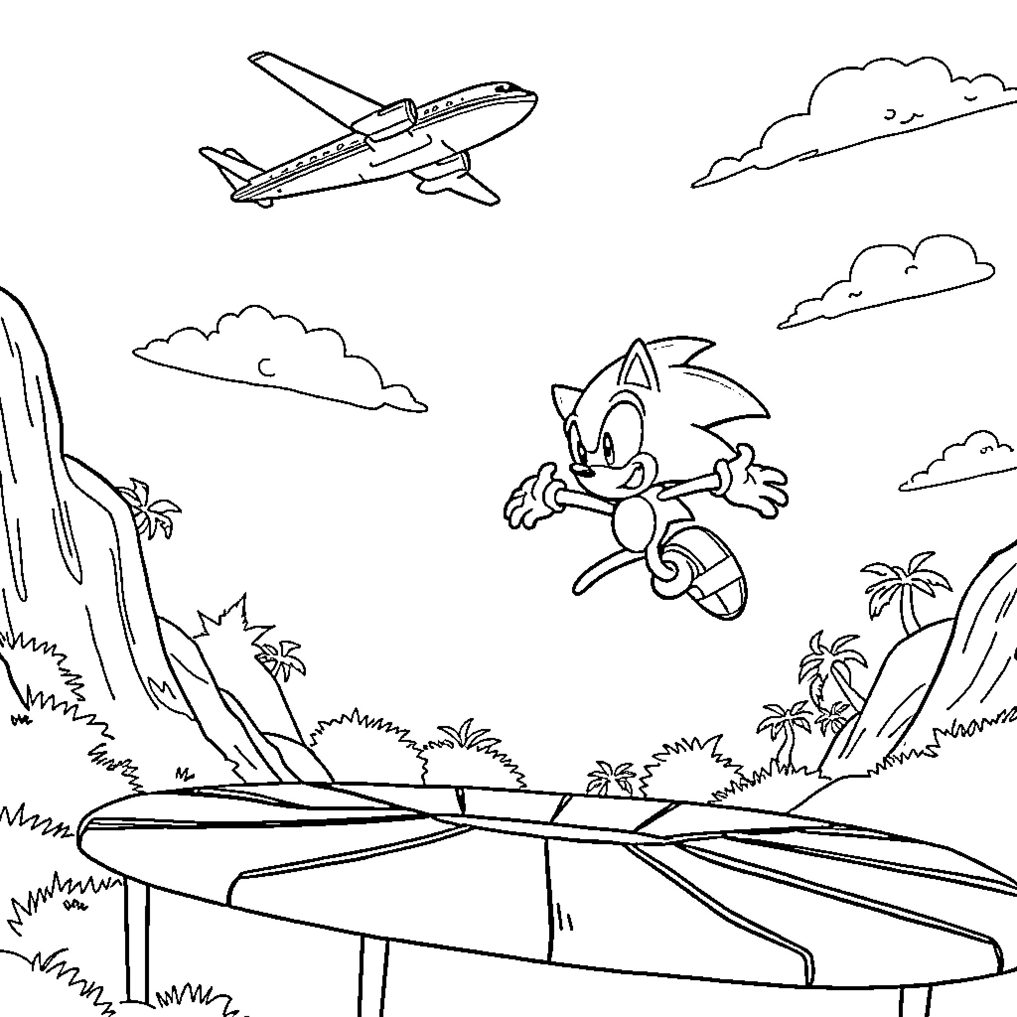 Sonic speeding through the jungle landscape Coloring Page (free black-and-white line drawing printable PDF for all, from beginners to advanced learners, including children, teens, adults, and seniors)