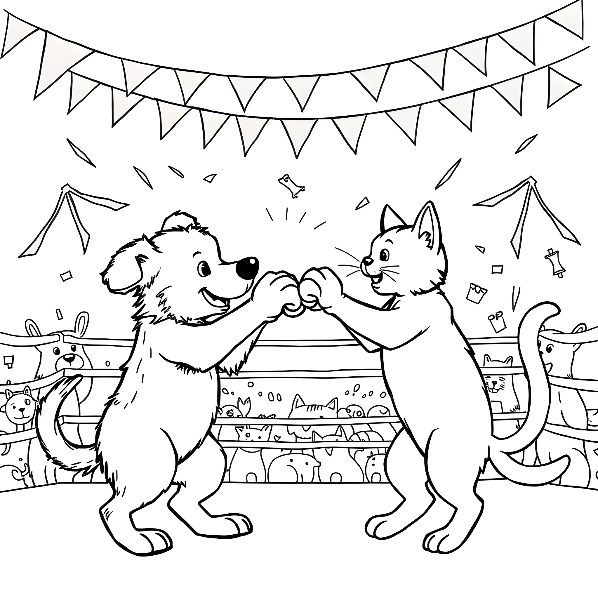 Dogs Playing Happily at a Party Coloring Page (free black-and-white line drawing printable PDF for all, from beginners to advanced learners, including children, teens, adults, and seniors)