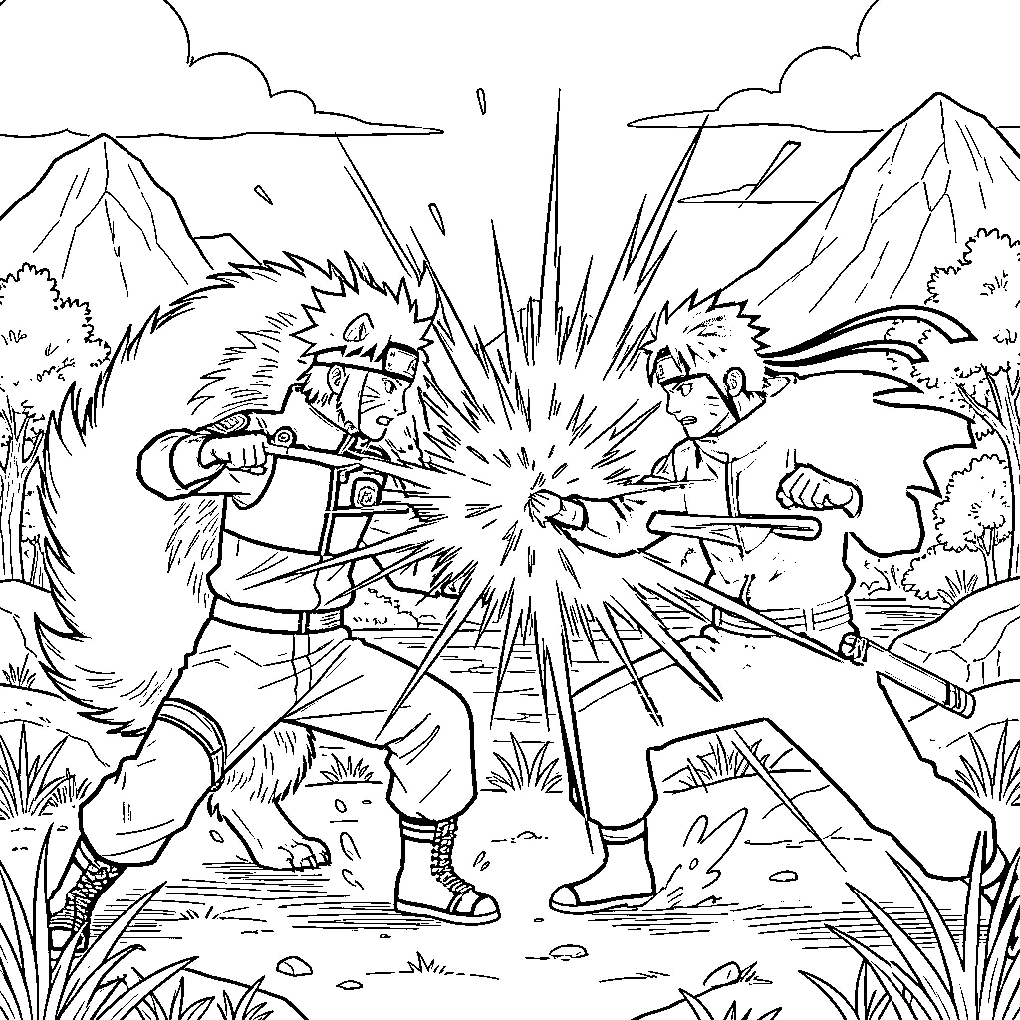 Naruto characters in fierce combat in the wilderness Coloring Page (free black-and-white line drawing printable PDF for all, from beginners to advanced learners, including children, teens, adults, and seniors)