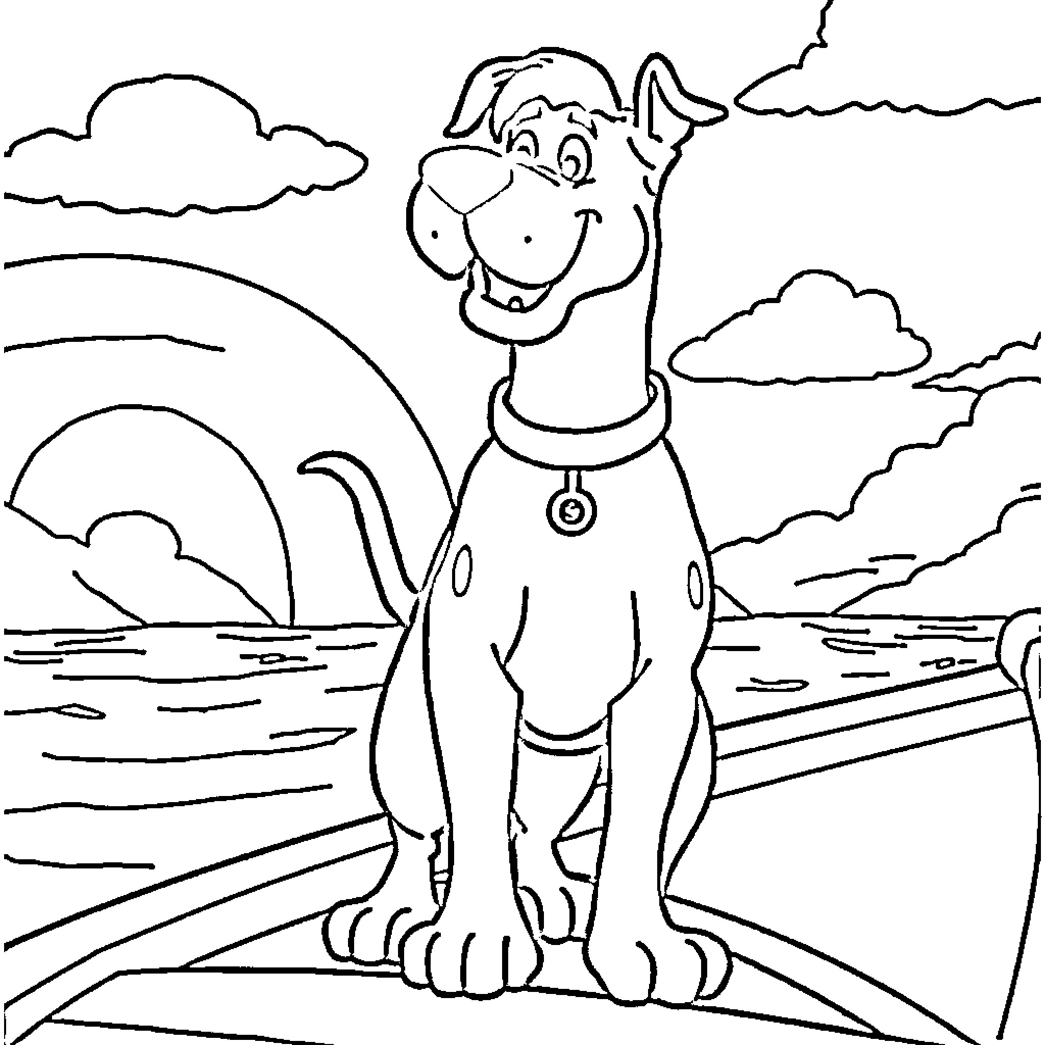 Scooby Doo enjoying the scenic view Coloring Page (free black-and-white line drawing printable PDF for all, from beginners to advanced learners, including children, teens, adults, and seniors)