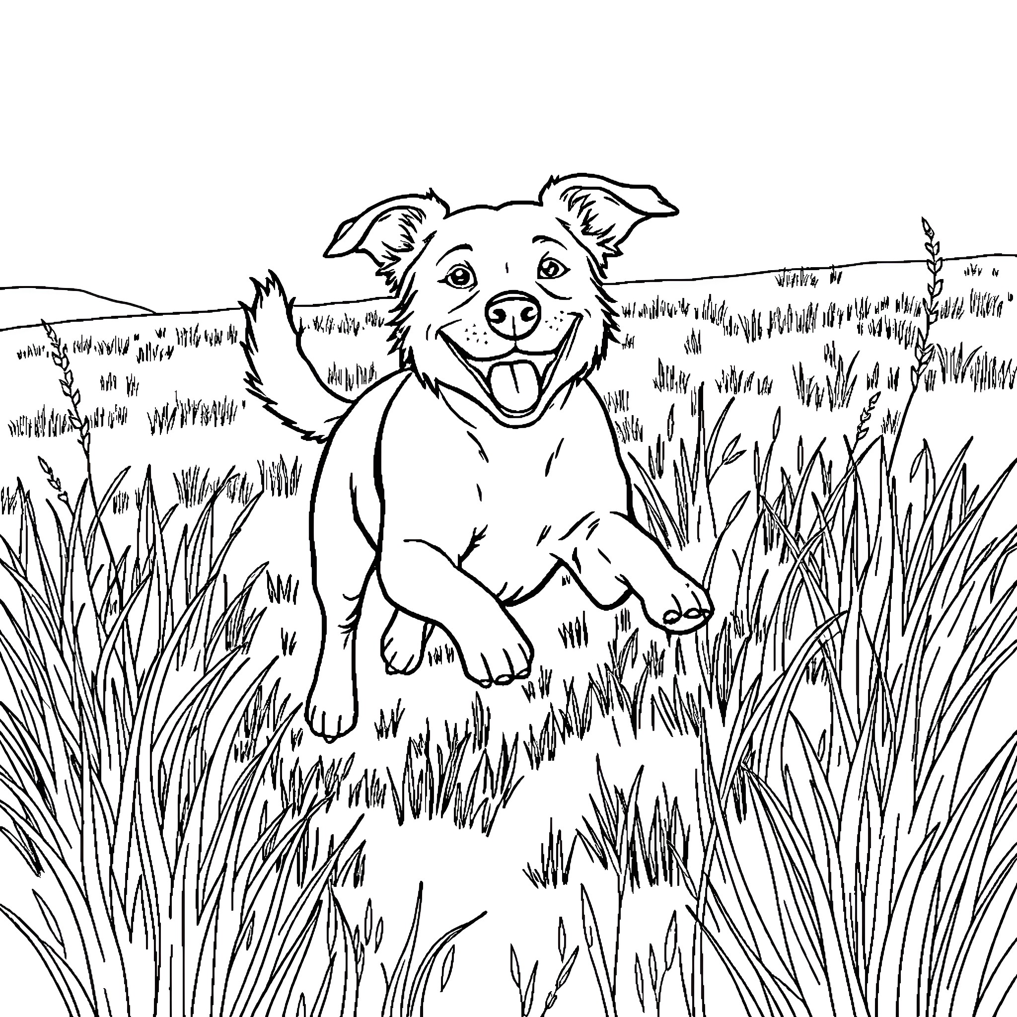 Dog happily playing in the grass Coloring Page (free black-and-white line drawing printable PDF for all, from beginners to advanced learners, including children, teens, adults, and seniors)