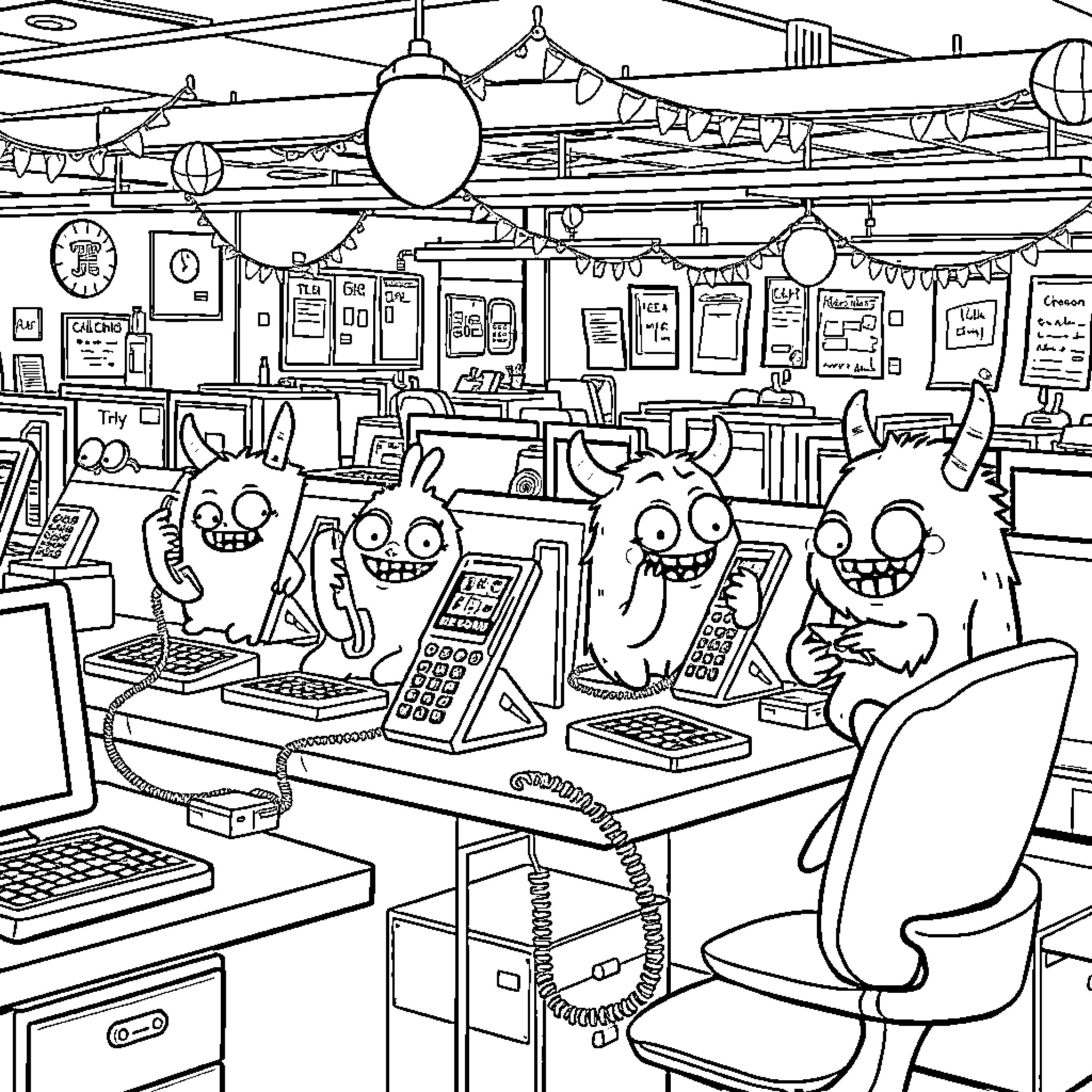 Cellphone Monsters Invading Retail Tech Store Coloring Page (free black-and-white line drawing printable PDF for all, from beginners to advanced learners, including children, teens, adults, and seniors)