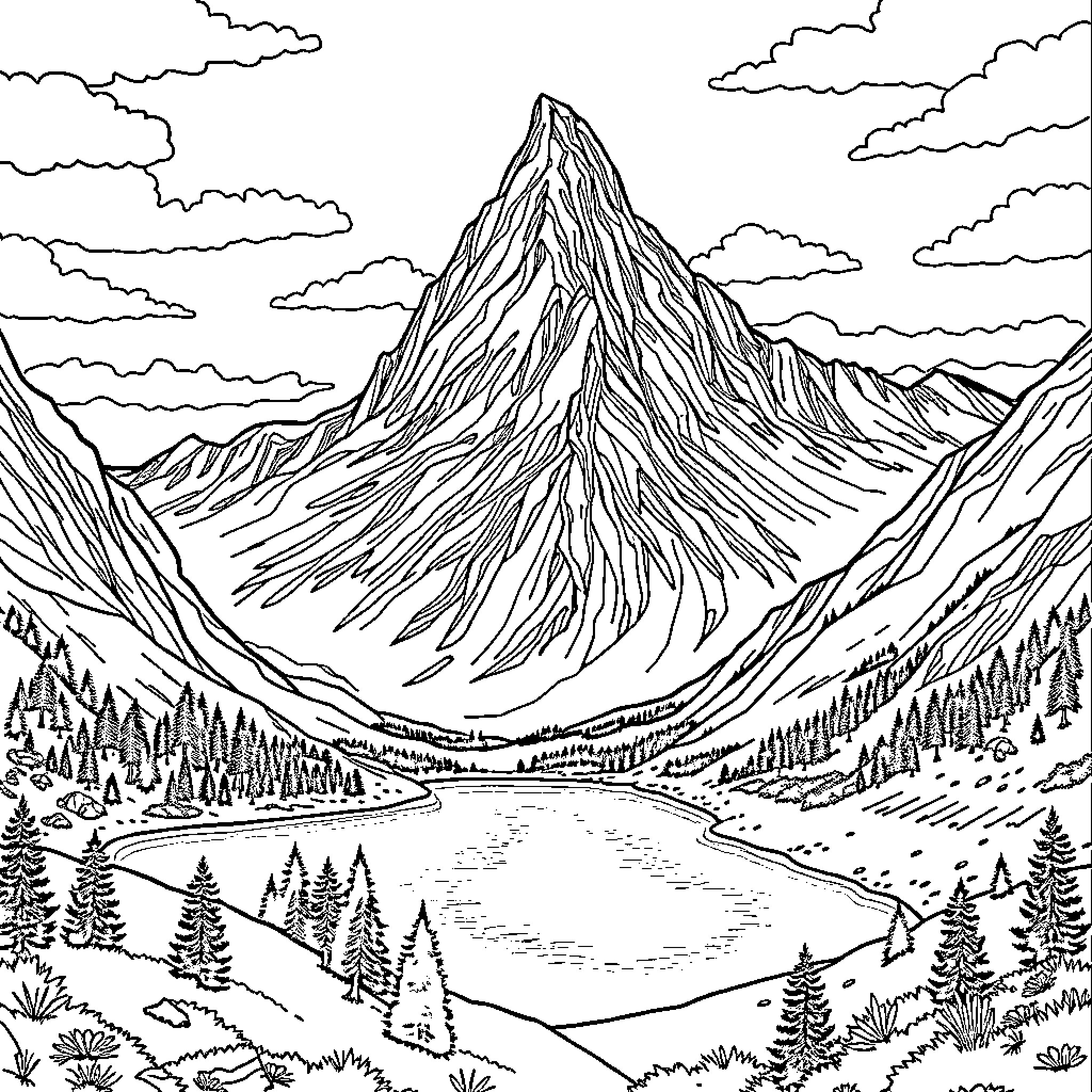 Mountain landscape with pine trees and a lake Coloring Page (free black-and-white line drawing printable PDF for all, from beginners to advanced learners, including children, teens, adults, and seniors)