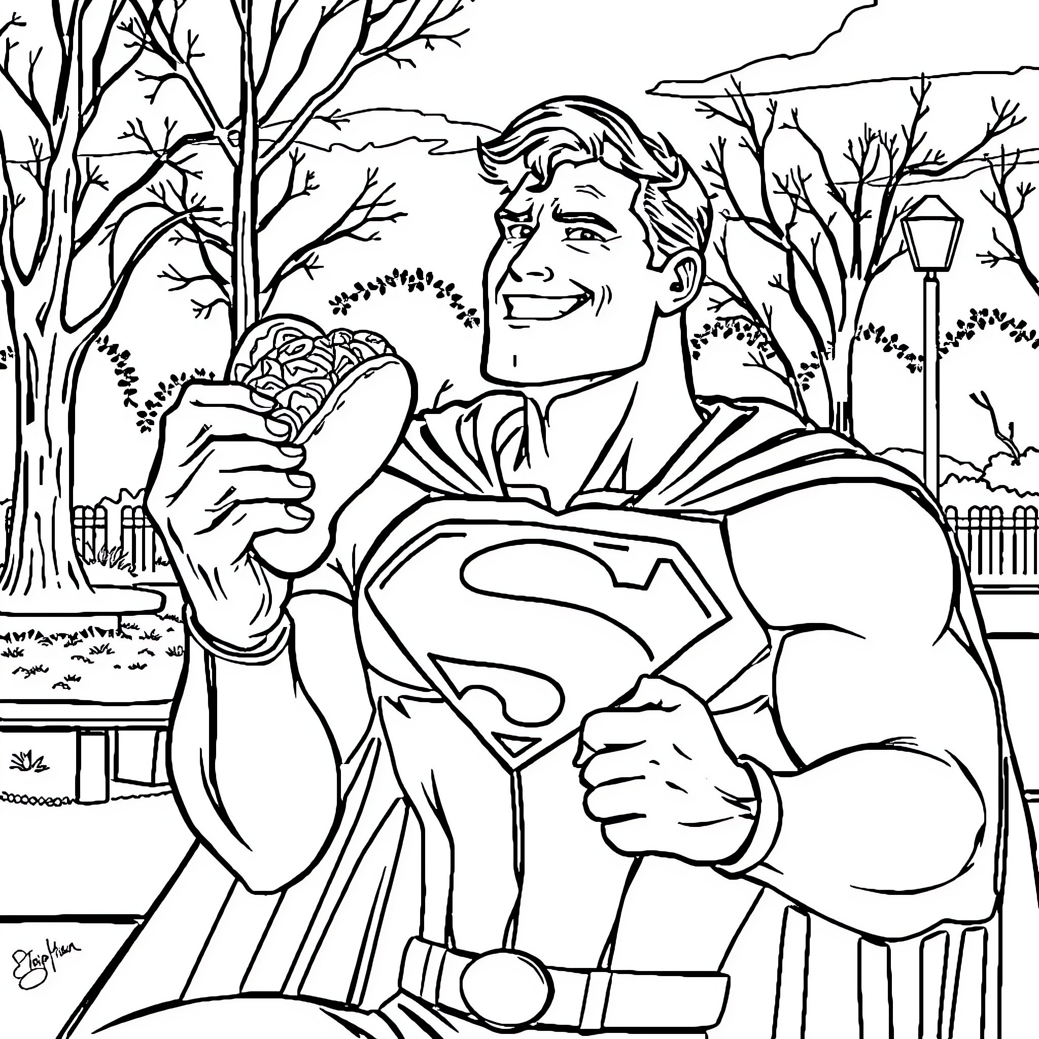 Superhero helping someone in the park Coloring Page (free black-and-white line drawing printable PDF for all, from beginners to advanced learners, including children, teens, adults, and seniors)