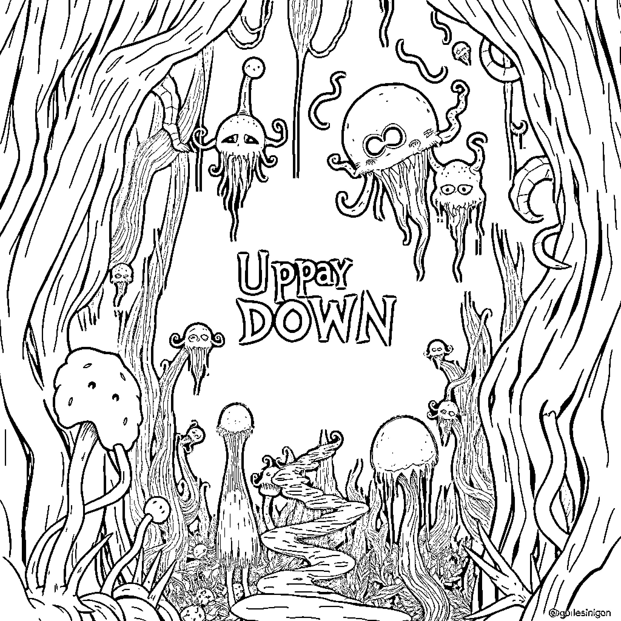 Upside Down: Whimsical Underwater World Exploration Coloring Page (free black-and-white line drawing printable PDF for all, from beginners to advanced learners, including children, teens, adults, and seniors)