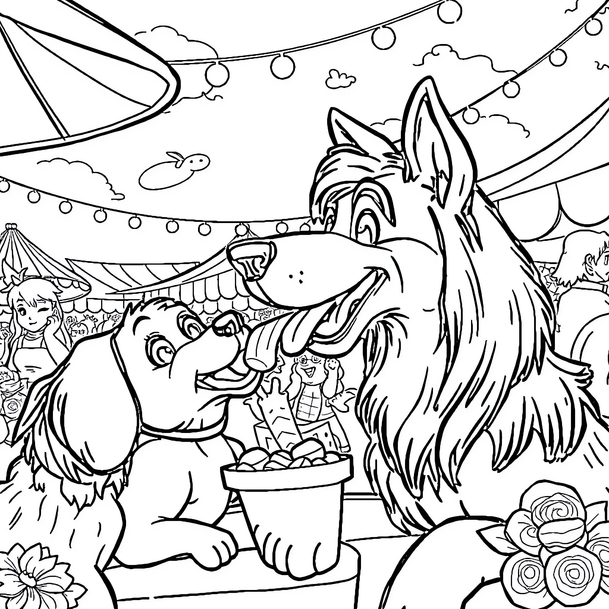 Aladdin and his animal friends enjoying a festival Coloring Page (free black-and-white line drawing printable PDF for all, from beginners to advanced learners, including children, teens, adults, and seniors)