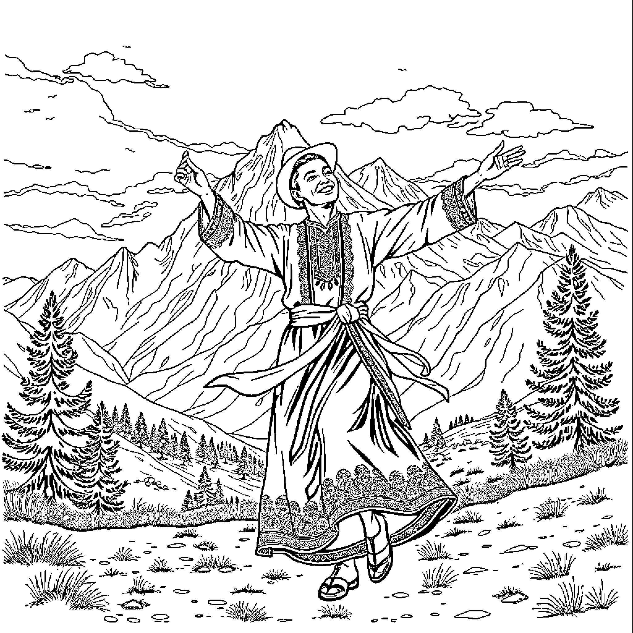 Kurdish Person Joyfully Dancing in the Mountains Coloring Page (free black-and-white line drawing printable PDF for all, from beginners to advanced learners, including children, teens, adults, and seniors)
