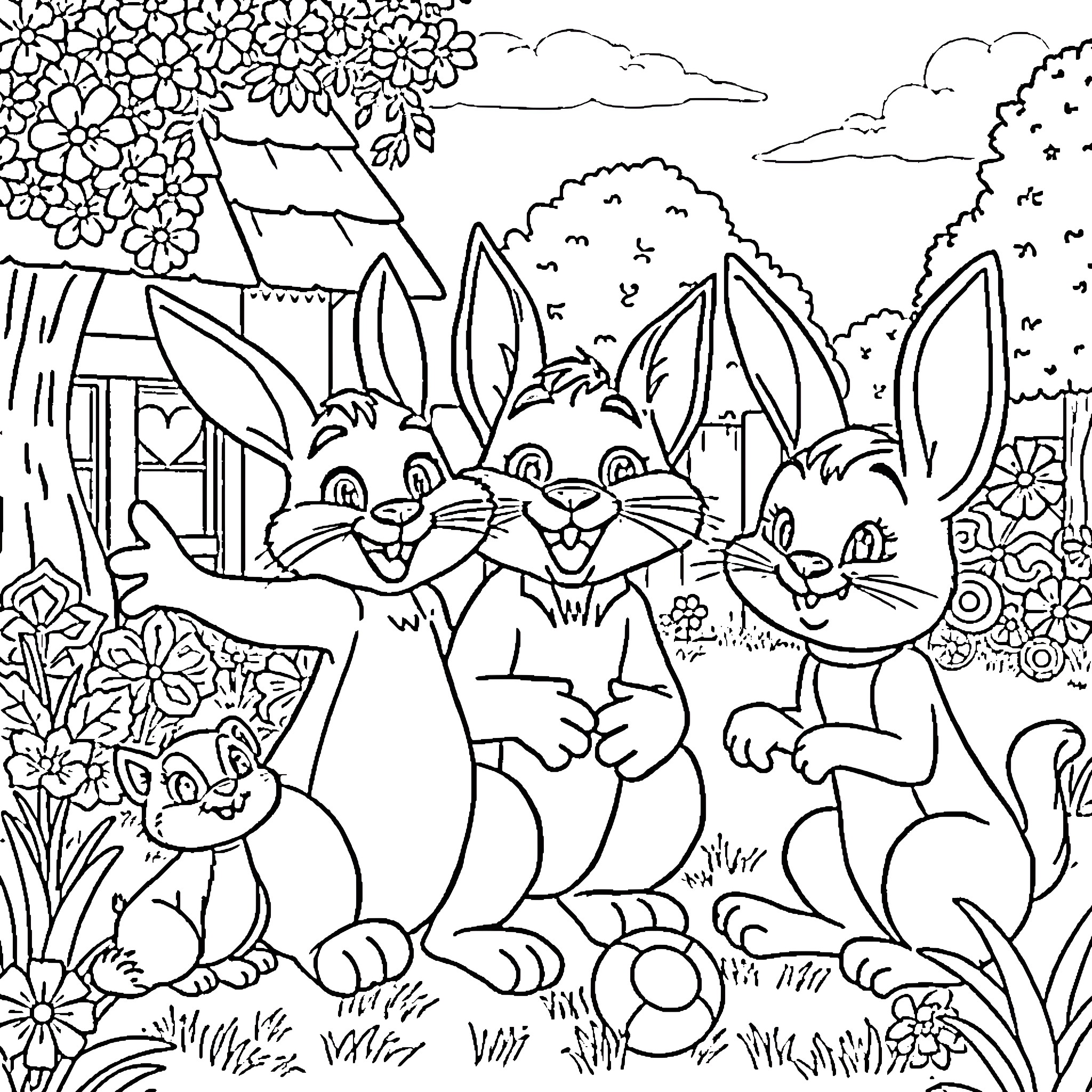 Judy Hopps and friends exploring the vibrant garden landscape Coloring Page (free black-and-white line drawing printable PDF for all, from beginners to advanced learners, including children, teens, adults, and seniors)