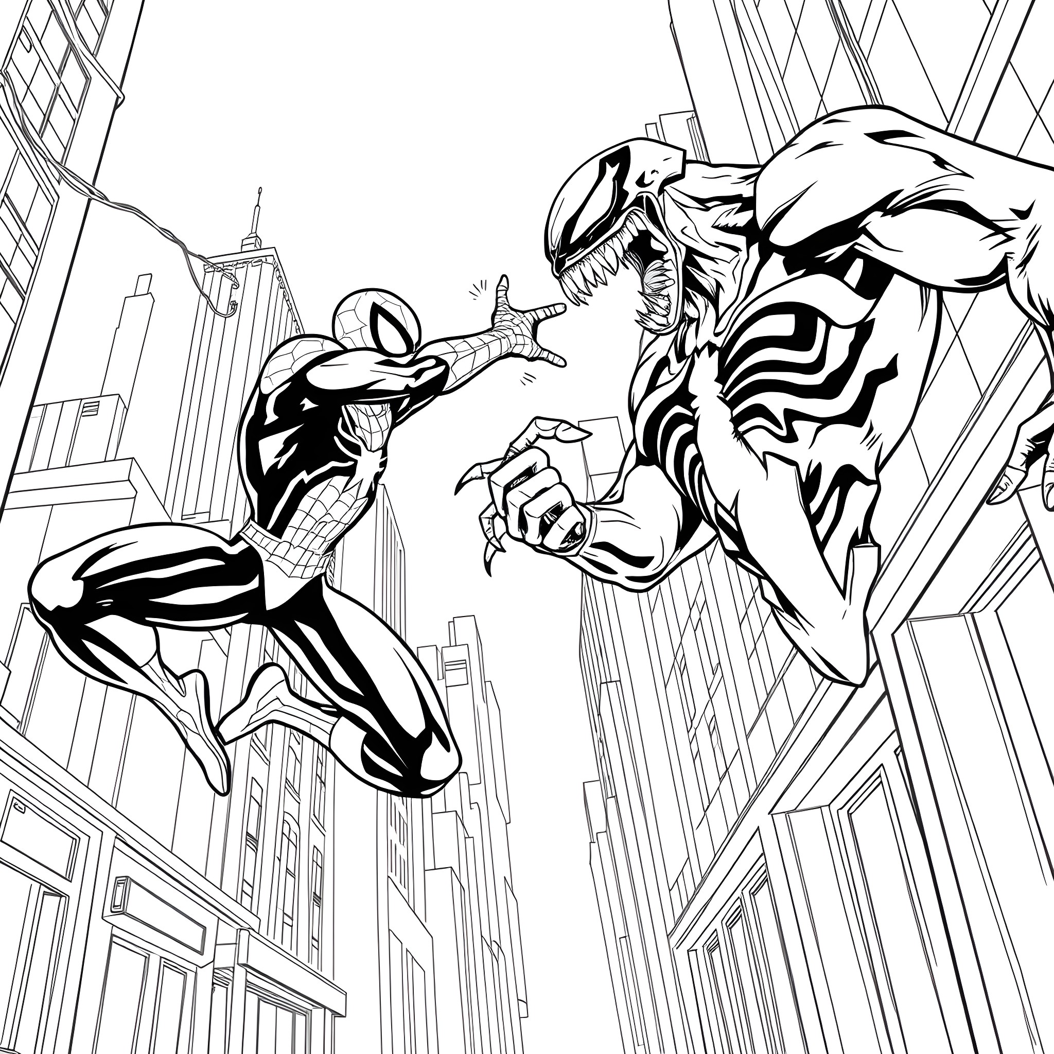 Spiderman battling a monstrous villain in the city Coloring Page (free black-and-white line drawing printable PDF for all, from beginners to advanced learners, including children, teens, adults, and seniors)