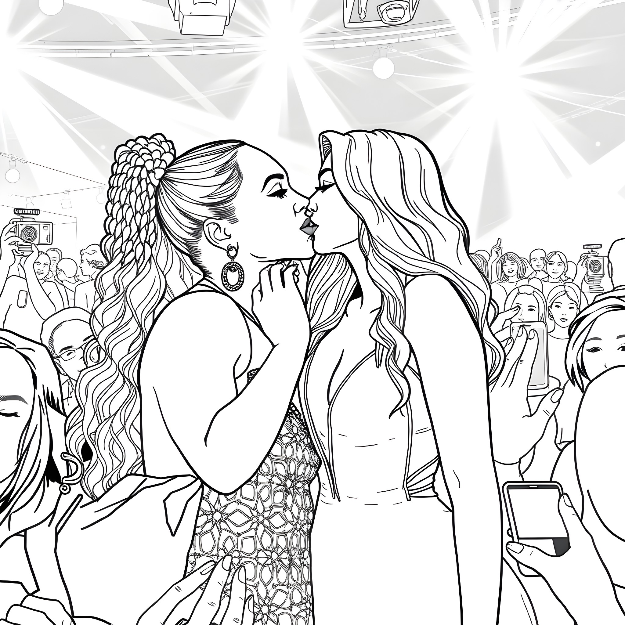 Beyonce's Iconic Glamour Moment Coloring Page (free black-and-white line drawing printable PDF for all, from beginners to advanced learners, including children, teens, adults, and seniors)