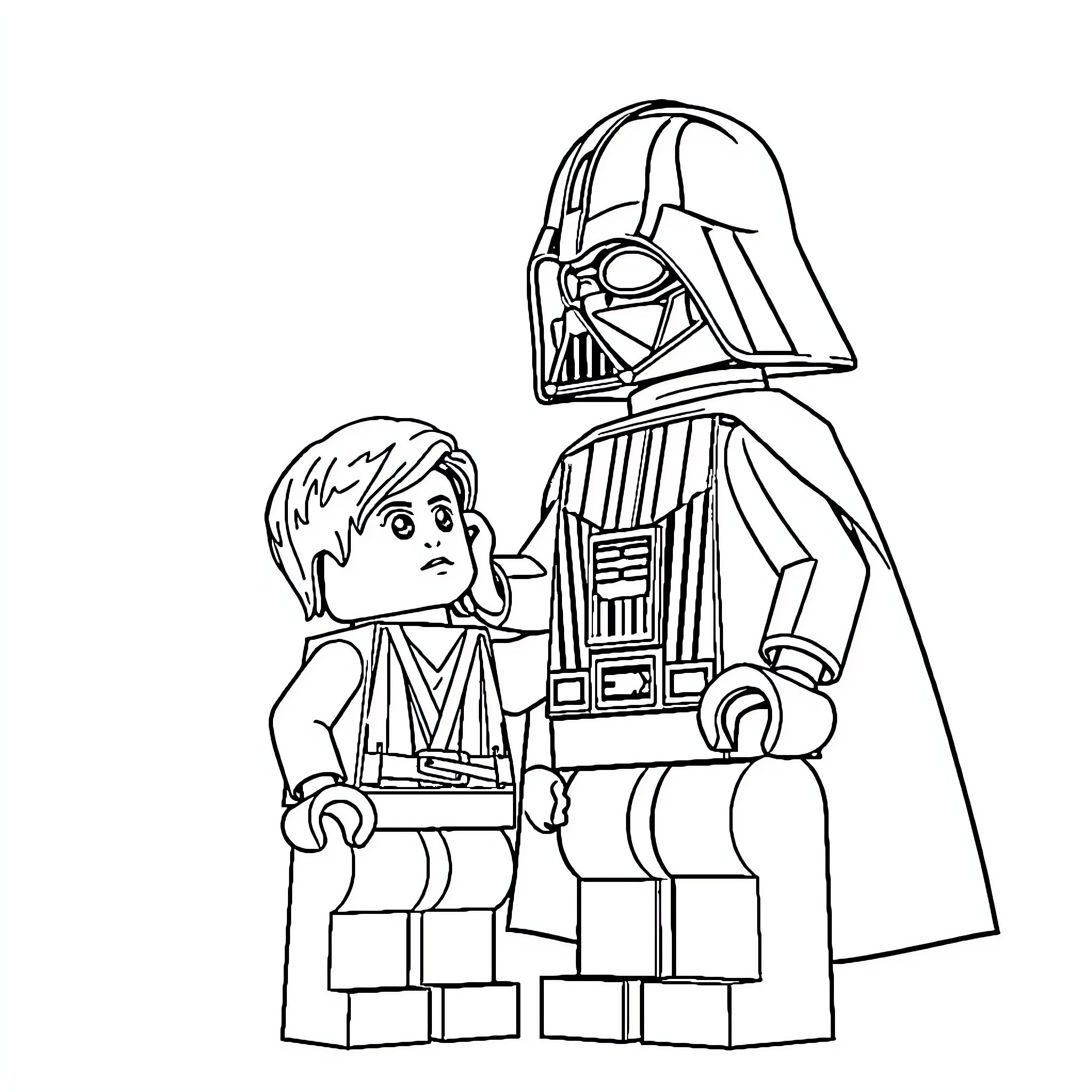Darth Vader interacting with young Jedi apprentice Coloring Page (free black-and-white line drawing printable PDF for all, from beginners to advanced learners, including children, teens, adults, and seniors)