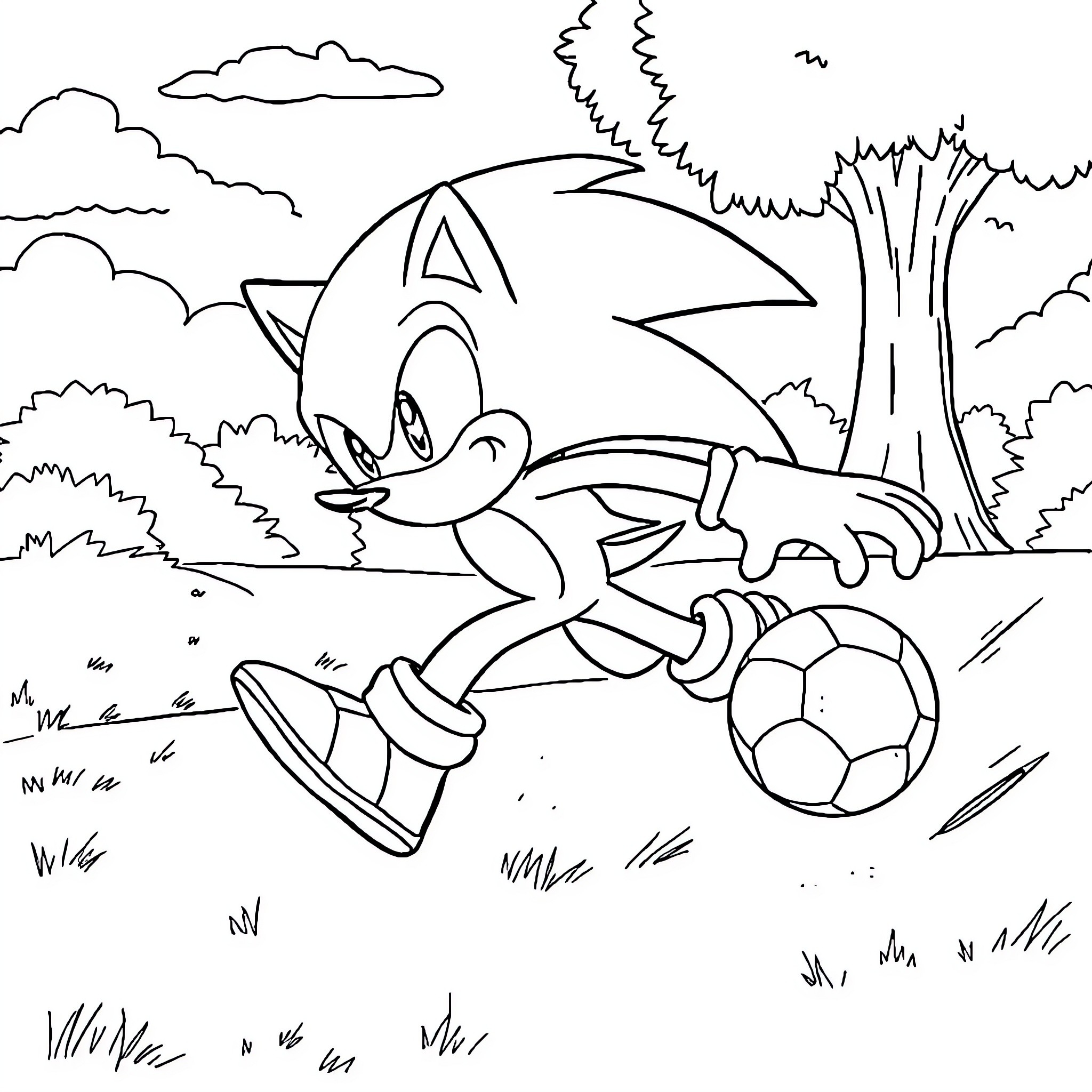Sonic playing with soccer ball in nature Coloring Page (free black-and-white line drawing printable PDF for all, from beginners to advanced learners, including children, teens, adults, and seniors)