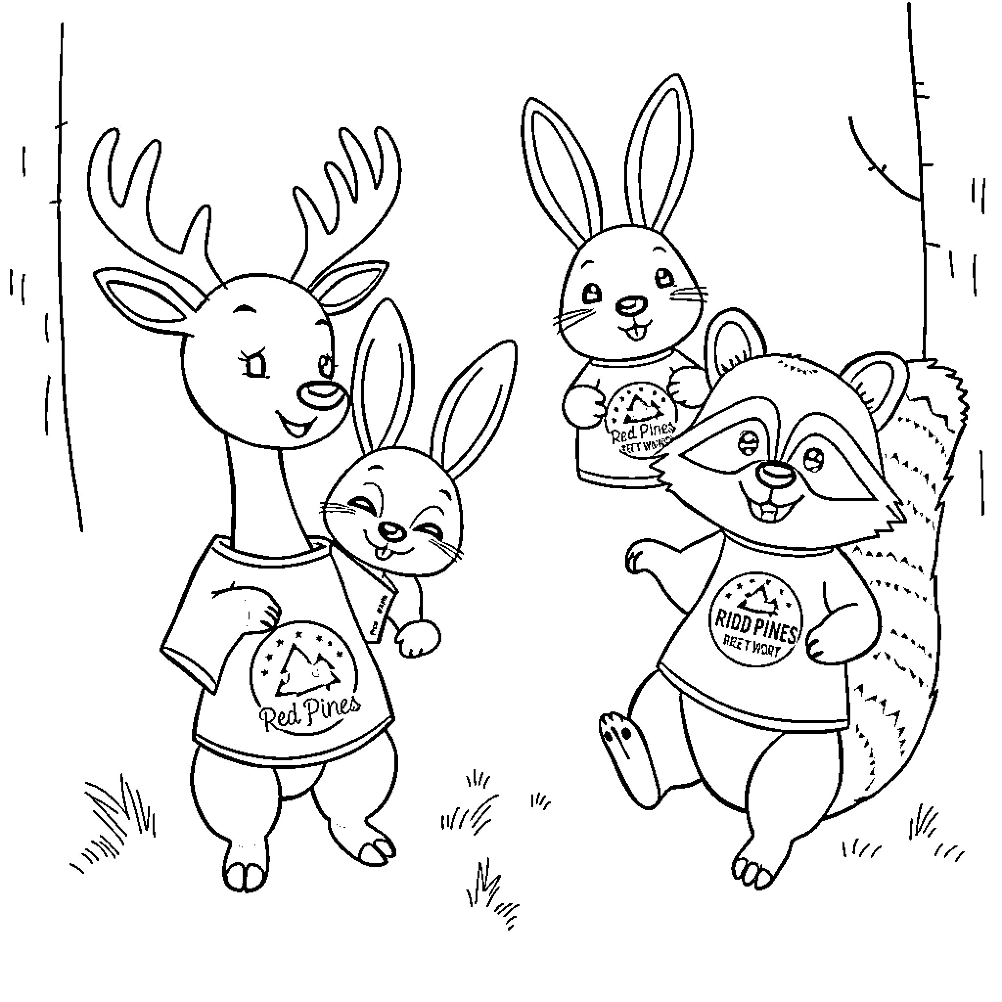 Woodland Creatures Frolicking in the Forest Coloring Page (free black-and-white line drawing printable PDF for all, from beginners to advanced learners, including children, teens, adults, and seniors)