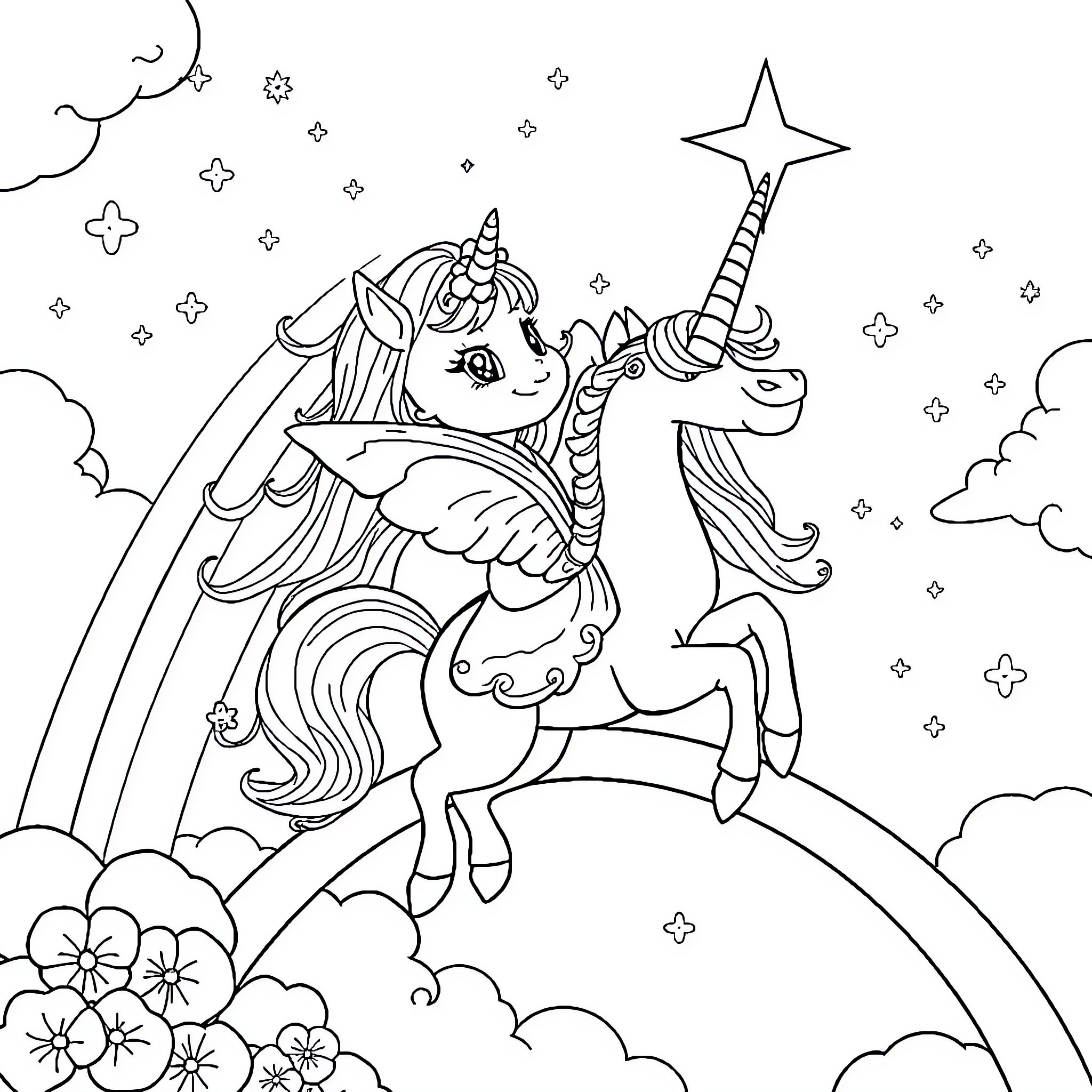 Unicorn flying happily with a magical wand Coloring Page (free black-and-white line drawing printable PDF for all, from beginners to advanced learners, including children, teens, adults, and seniors)