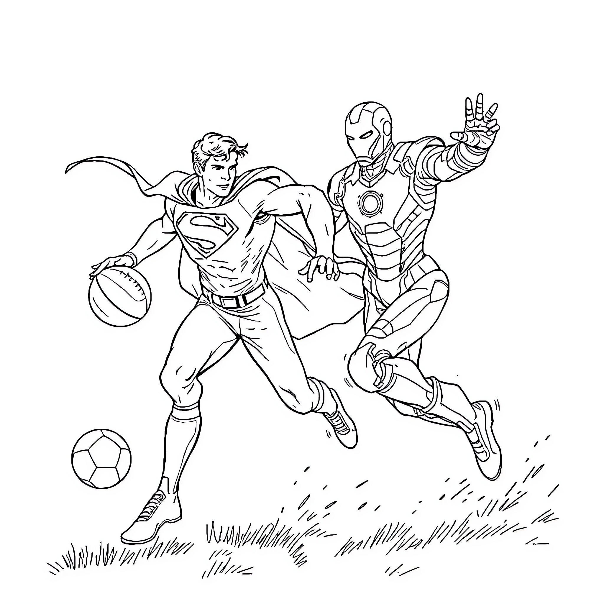 Super Man and Iron Man playing football together Coloring Page (free black-and-white line drawing printable PDF for all, from beginners to advanced learners, including children, teens, adults, and seniors)