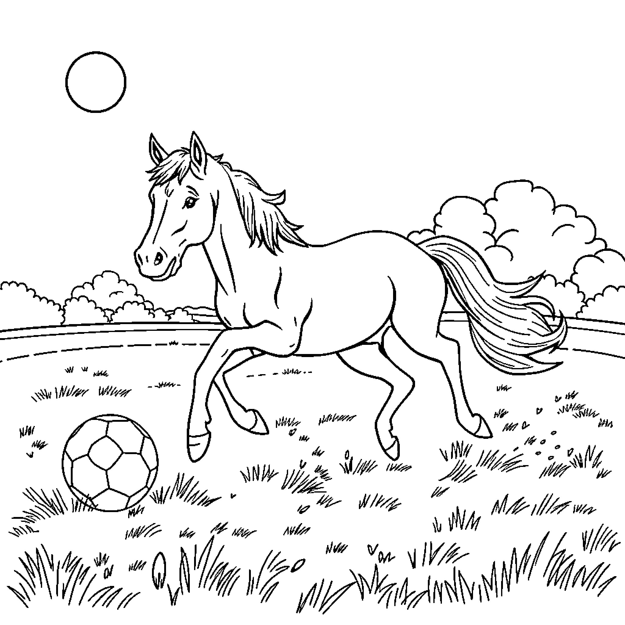 Horse playing joyfully with soccer ball in the meadow Coloring Page (free black-and-white line drawing printable PDF for all, from beginners to advanced learners, including children, teens, adults, and seniors)