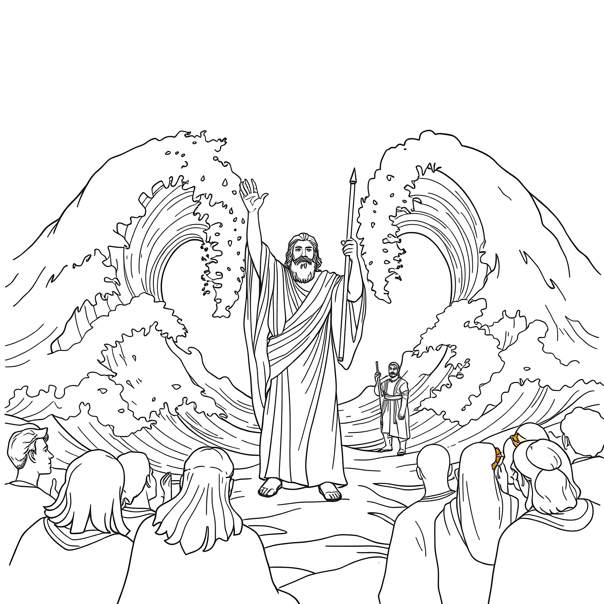 Moses parting the Red Sea with people watching in awe Coloring Page (free black-and-white line drawing printable PDF for all, from beginners to advanced learners, including children, teens, adults, and seniors)