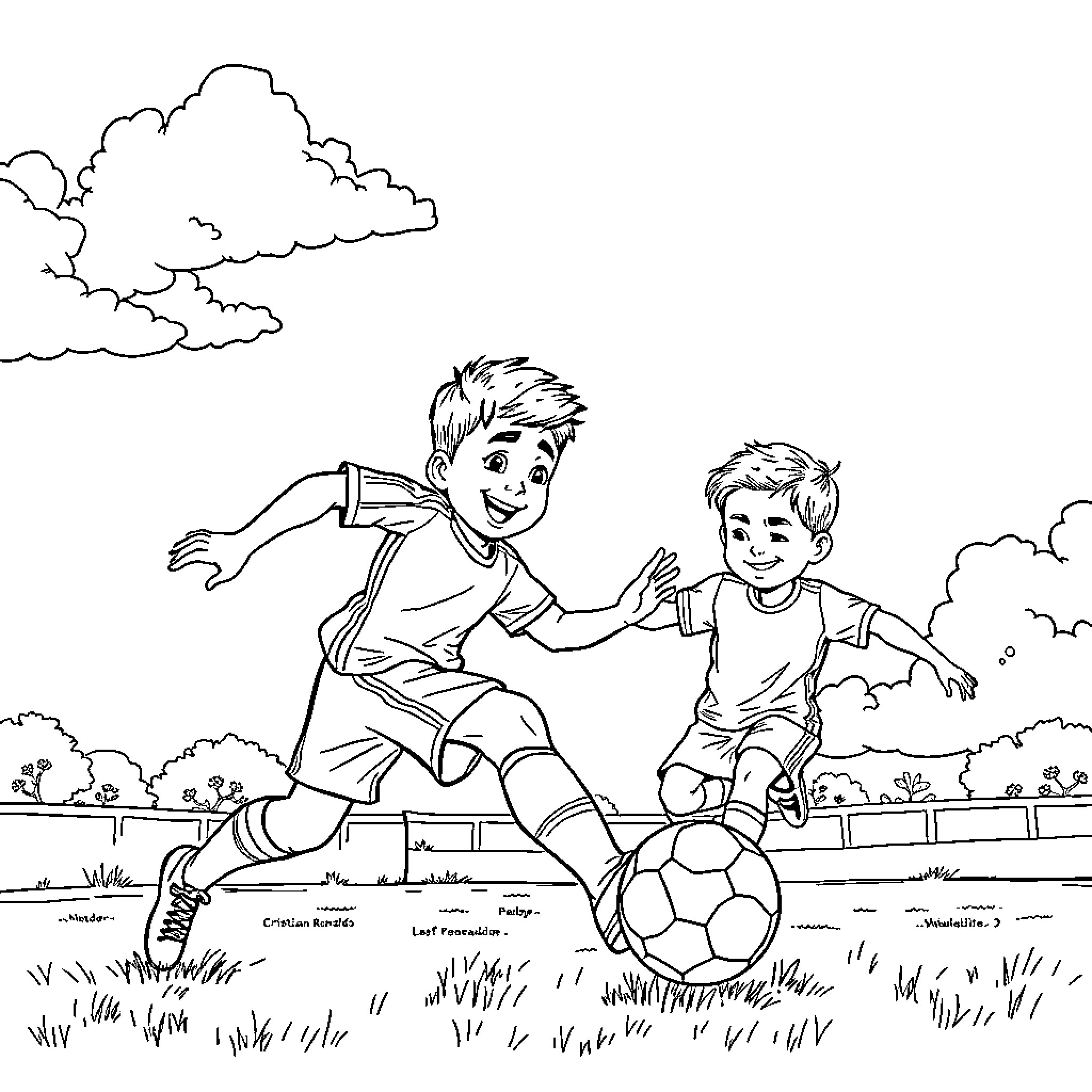 Boy playing soccer joyfully with friend on field Coloring Page (free black-and-white line drawing printable PDF for all, from beginners to advanced learners, including children, teens, adults, and seniors)