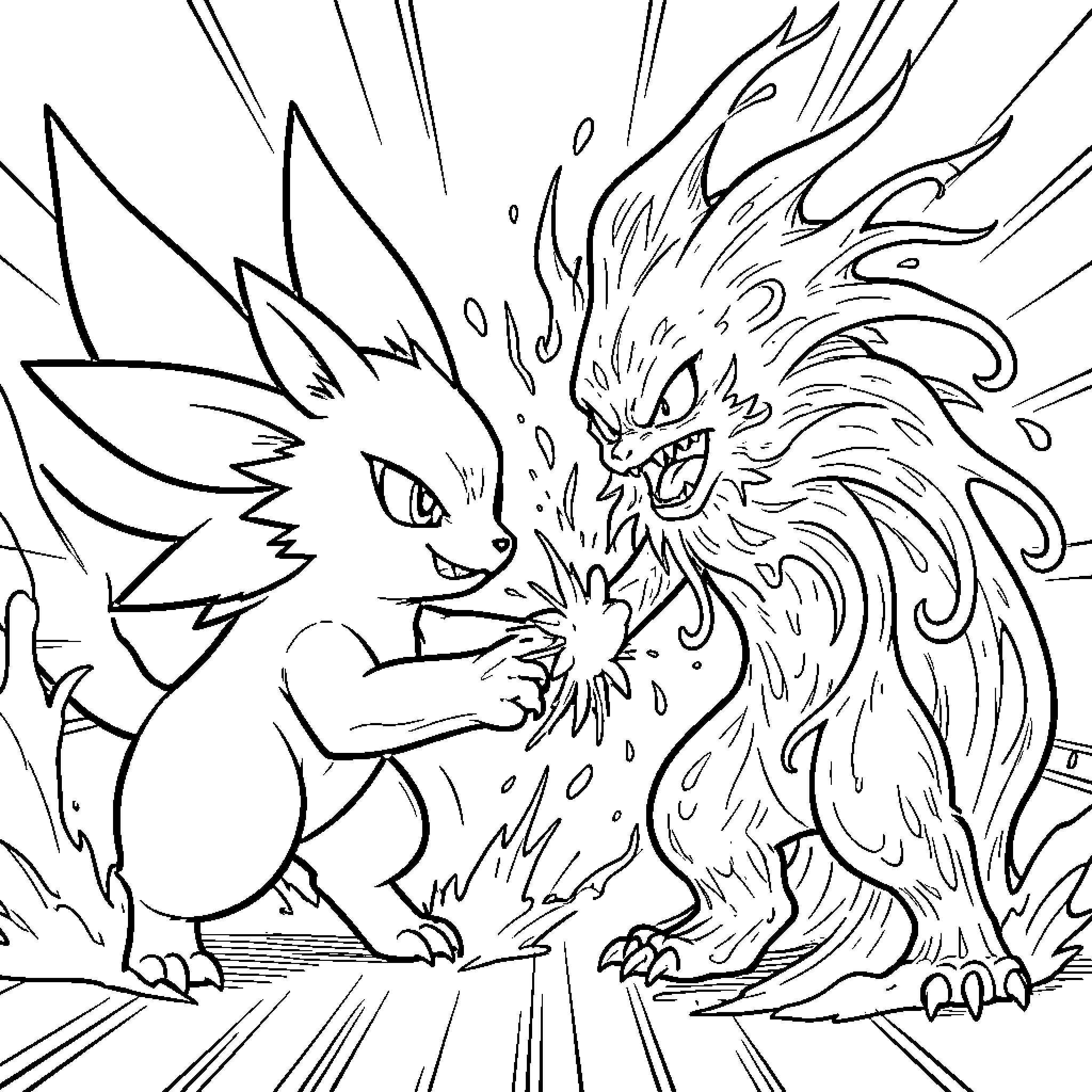 Dracaufeu engaging in an intense battle with a creature Coloring Page (free black-and-white line drawing printable PDF for all, from beginners to advanced learners, including children, teens, adults, and seniors)