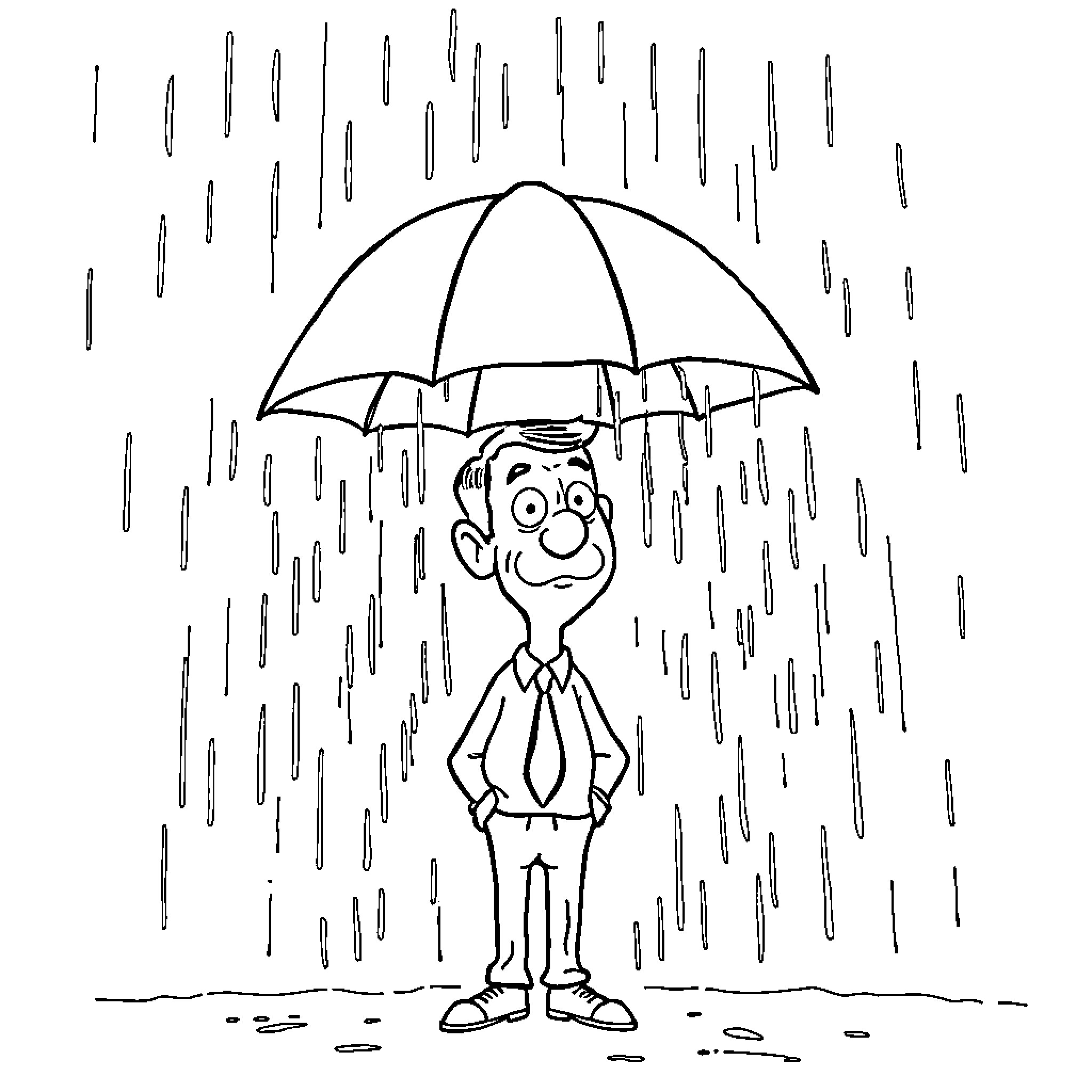 Mr Bean caught in a rainstorm with his umbrella Coloring Page (free black-and-white line drawing printable PDF for all, from beginners to advanced learners, including children, teens, adults, and seniors)