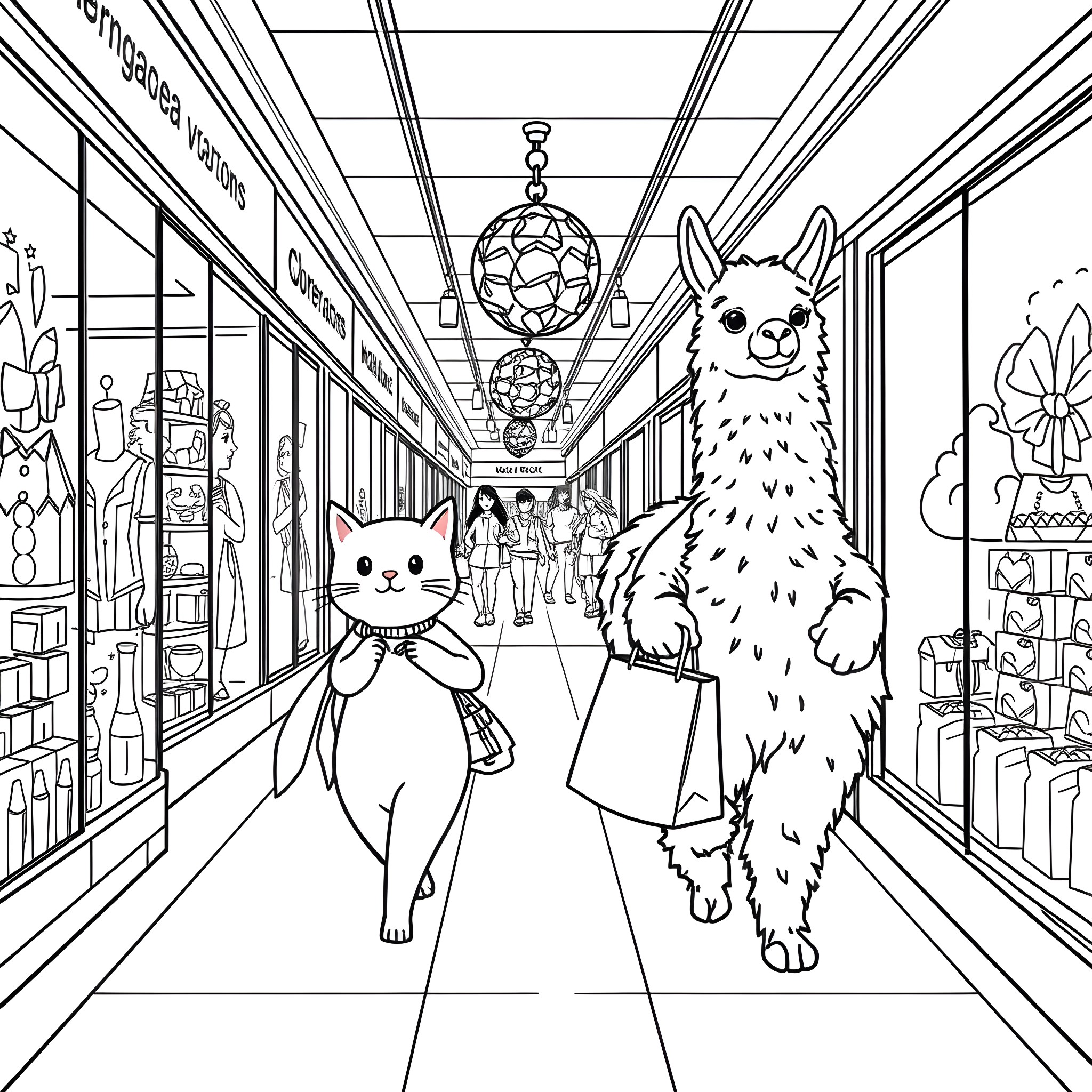 Cat and Llama Shopping in Whimsical Mall Coloring Page (free black-and-white line drawing printable PDF for all, from beginners to advanced learners, including children, teens, adults, and seniors)