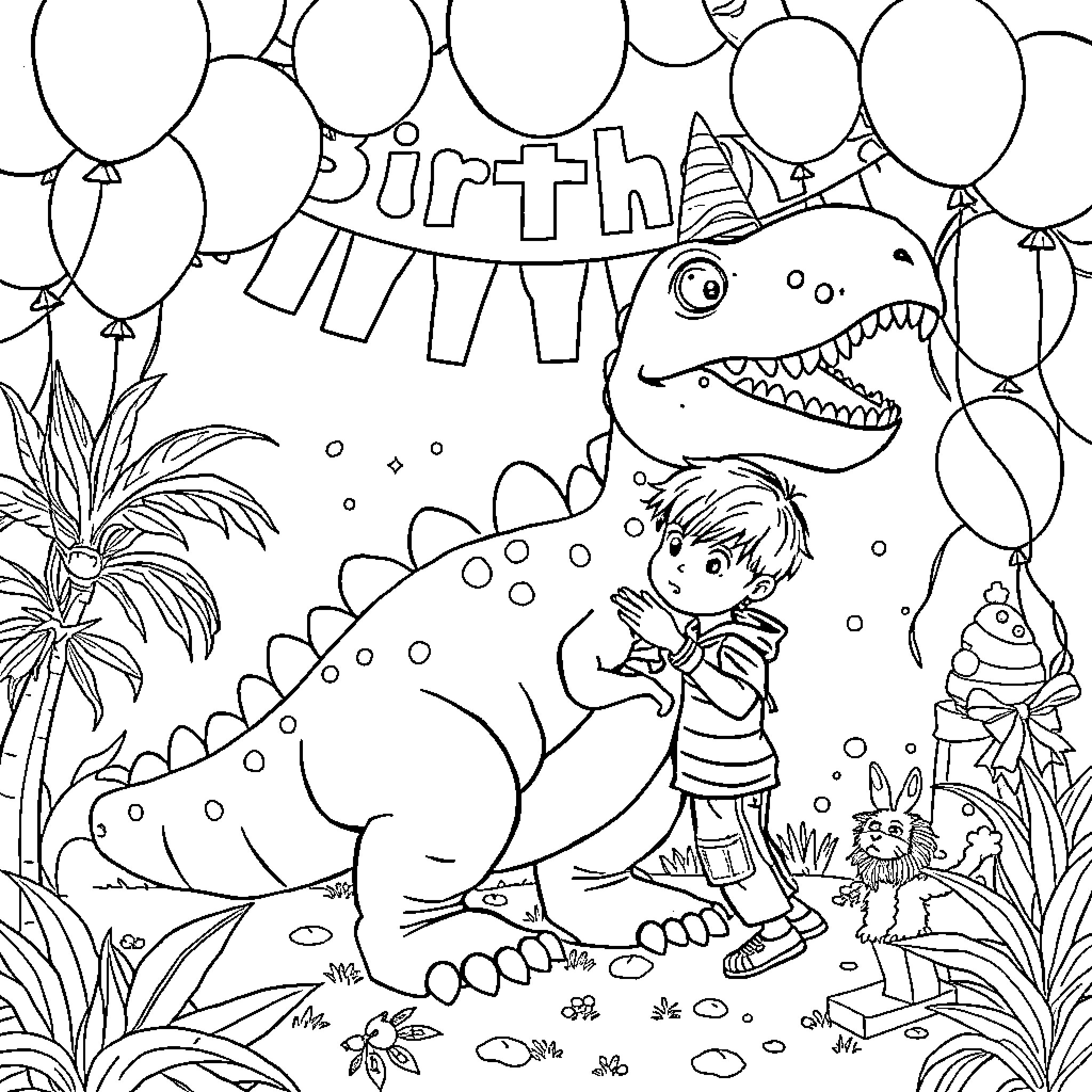 Dinosaur birthday party with children and decorations Coloring Page (free black-and-white line drawing printable PDF for all, from beginners to advanced learners, including children, teens, adults, and seniors)